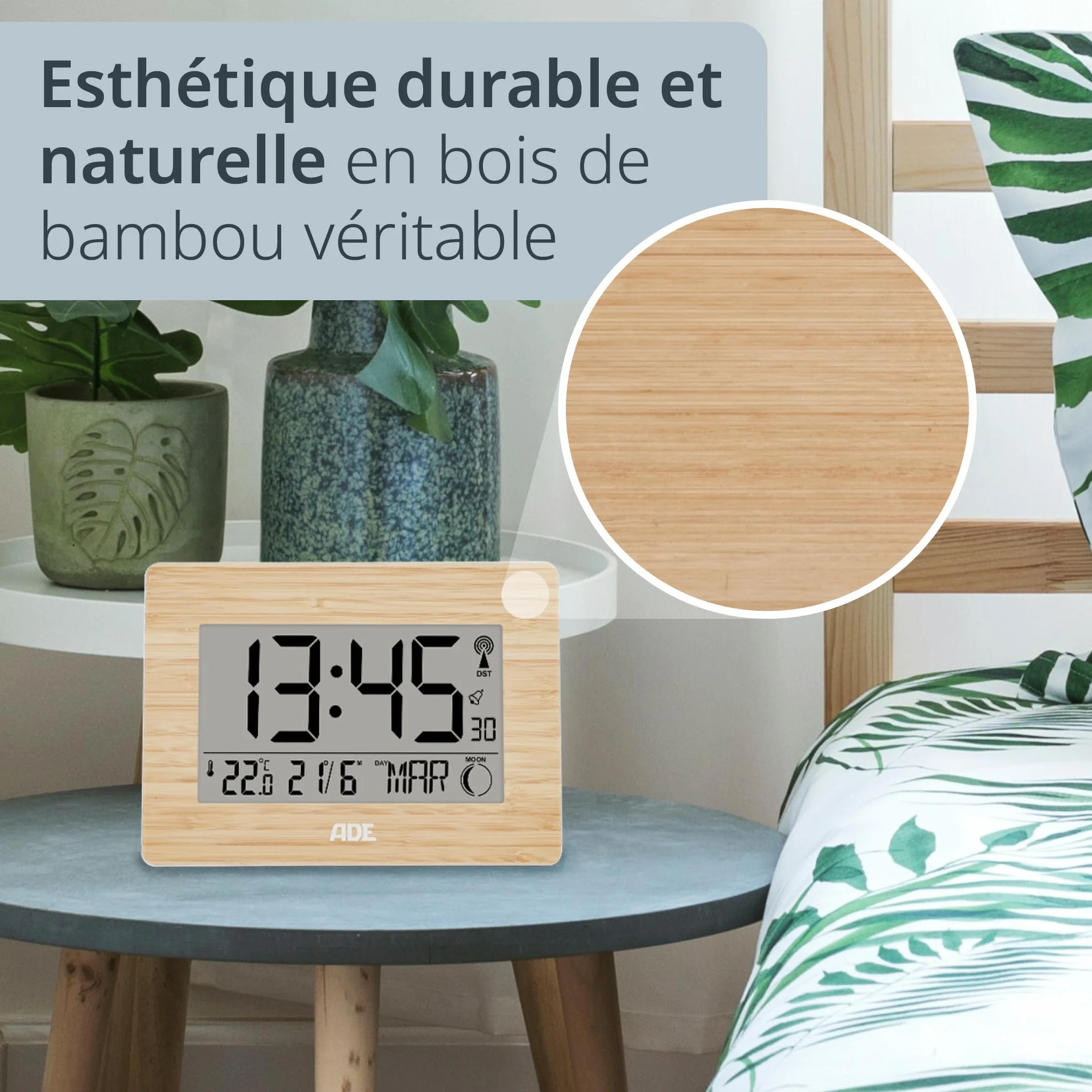 ADE Horloge Radio pilotée numérique Chiffres XXL Affichage température Design Moderne silencieuse Cadre Bois Bambou