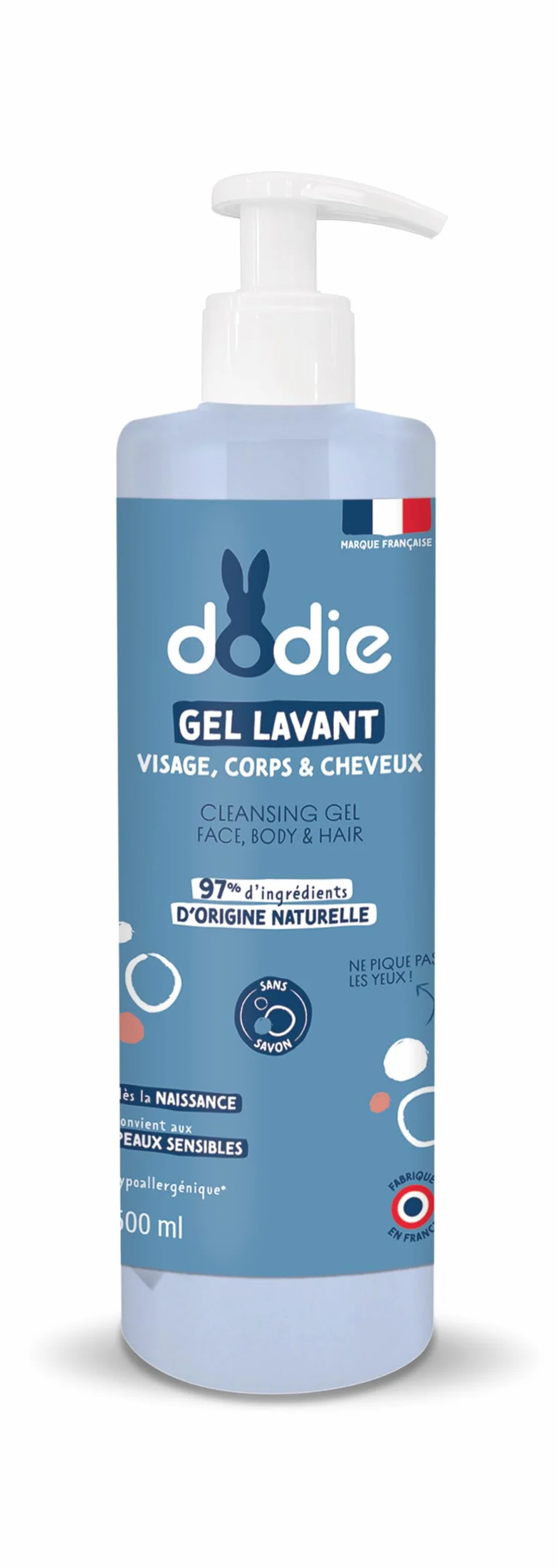 DODIE Gel Lavant 3 en 1 500 mL Nettoyant Visage Corps Cheveux Hypoallergénique Dès la naissance