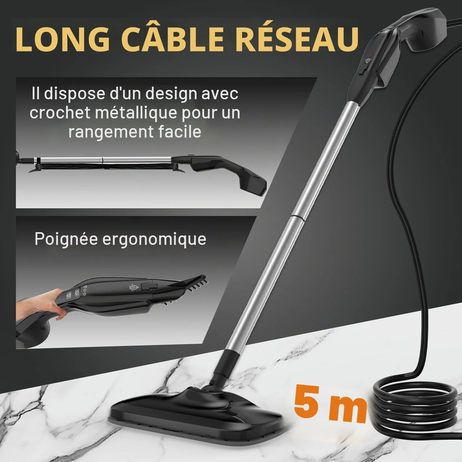 Nettoyeur Vapeur Balai Multifonctions 2-en-1, Chauffe Rapide 30s, 1000W, Réservoir 240ml