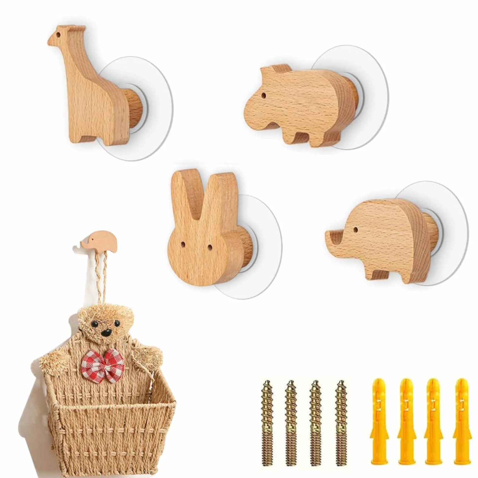Crochets Muraux Enfant en Bois Forme d'Animal, Porte Manteau Mural 4 Pièces