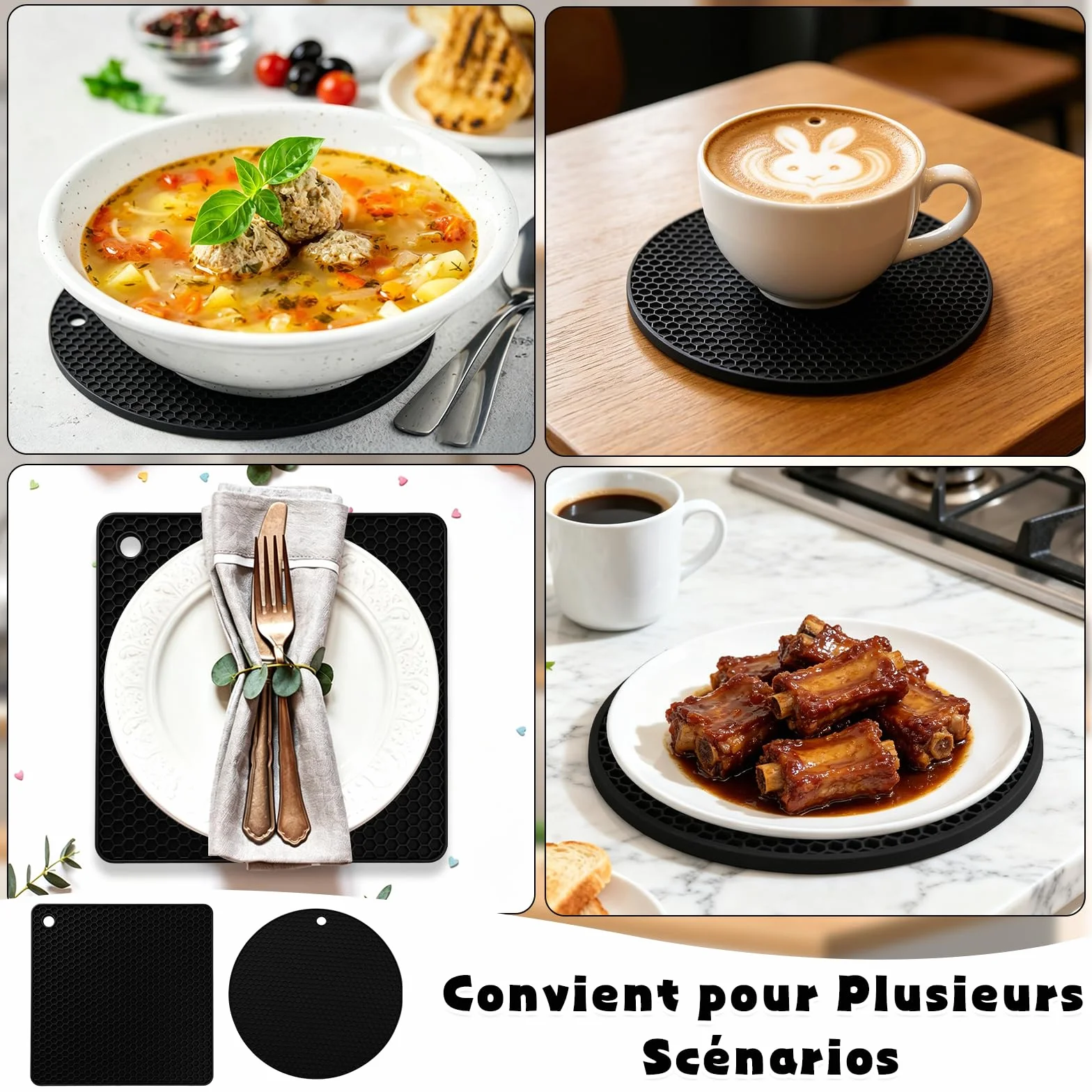 Scettar 4 Pcs Dessous de Plat en Silicone Noir pour Casseroles et Poêles Chaudes