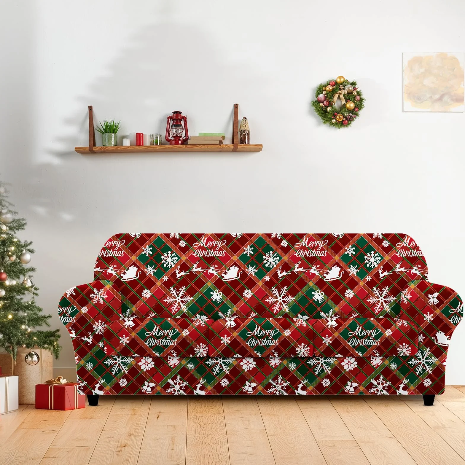 Lot de 4 Housses de Canapé 3 Places Noël Élastiques Extensibles Imprimées avec Accoudoirs Douces Antidérapantes Flocons de Neige