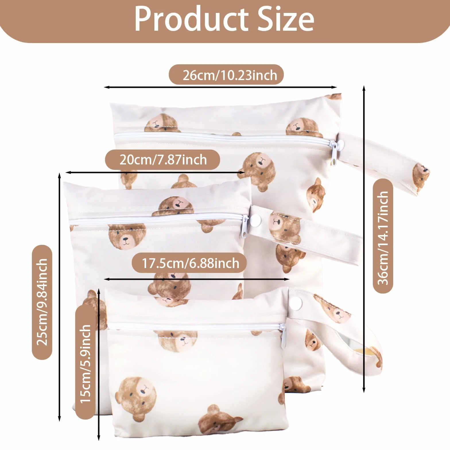 Sac à Couches Lavables 3 Pièces, Sac Étanche Réutilisable pour Bébé avec Fermeture Éclair