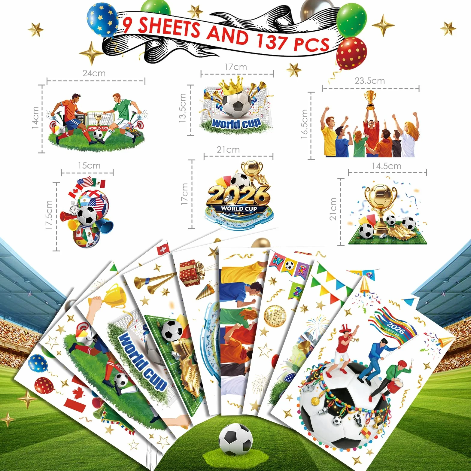 Autocollants pour Fenêtre Coupe du Monde 2026, 137Pcs Stickers Football Réutilisables