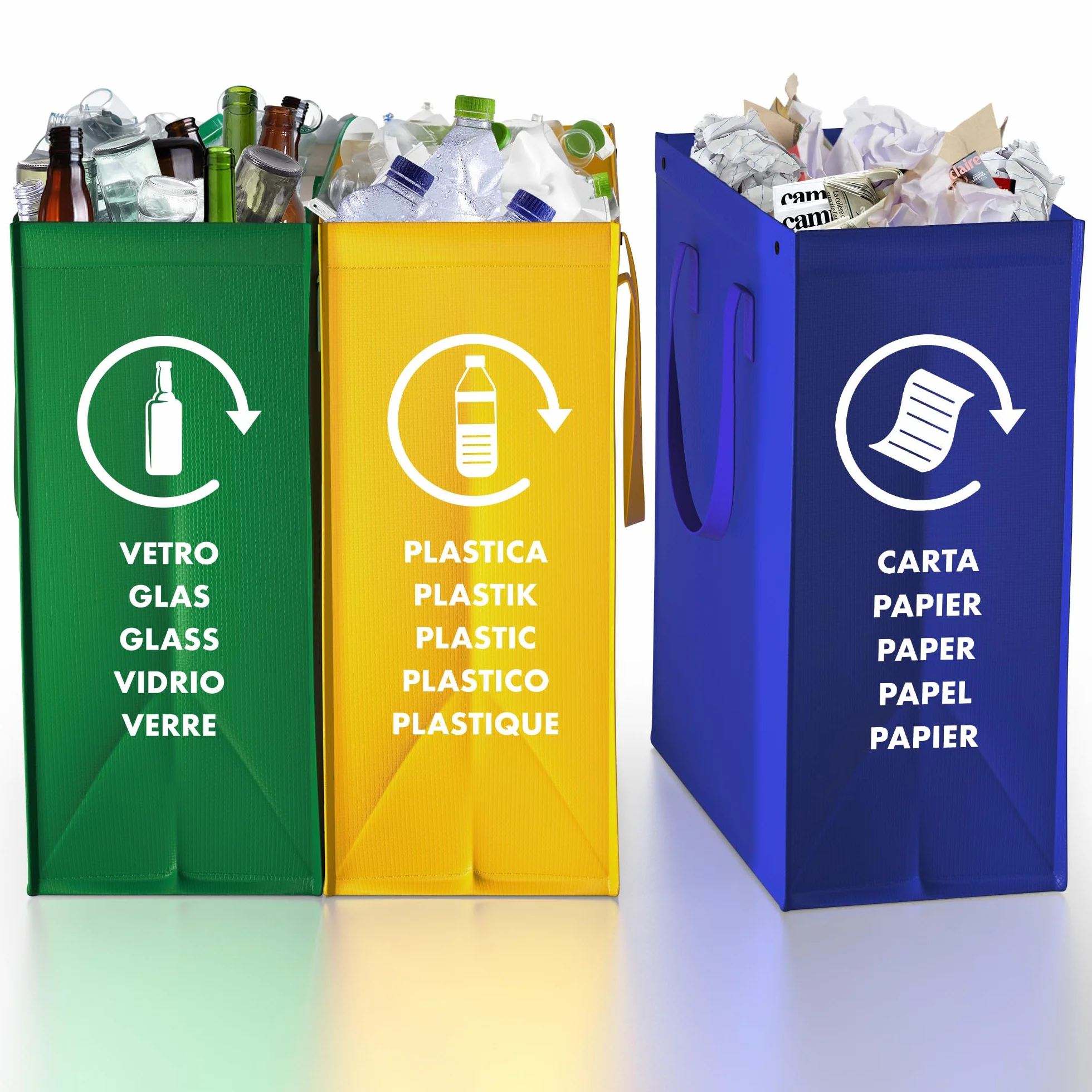 Sac tri selectif 3 bac poubelle tri verre papier plastique flexible avec poignée recyclage