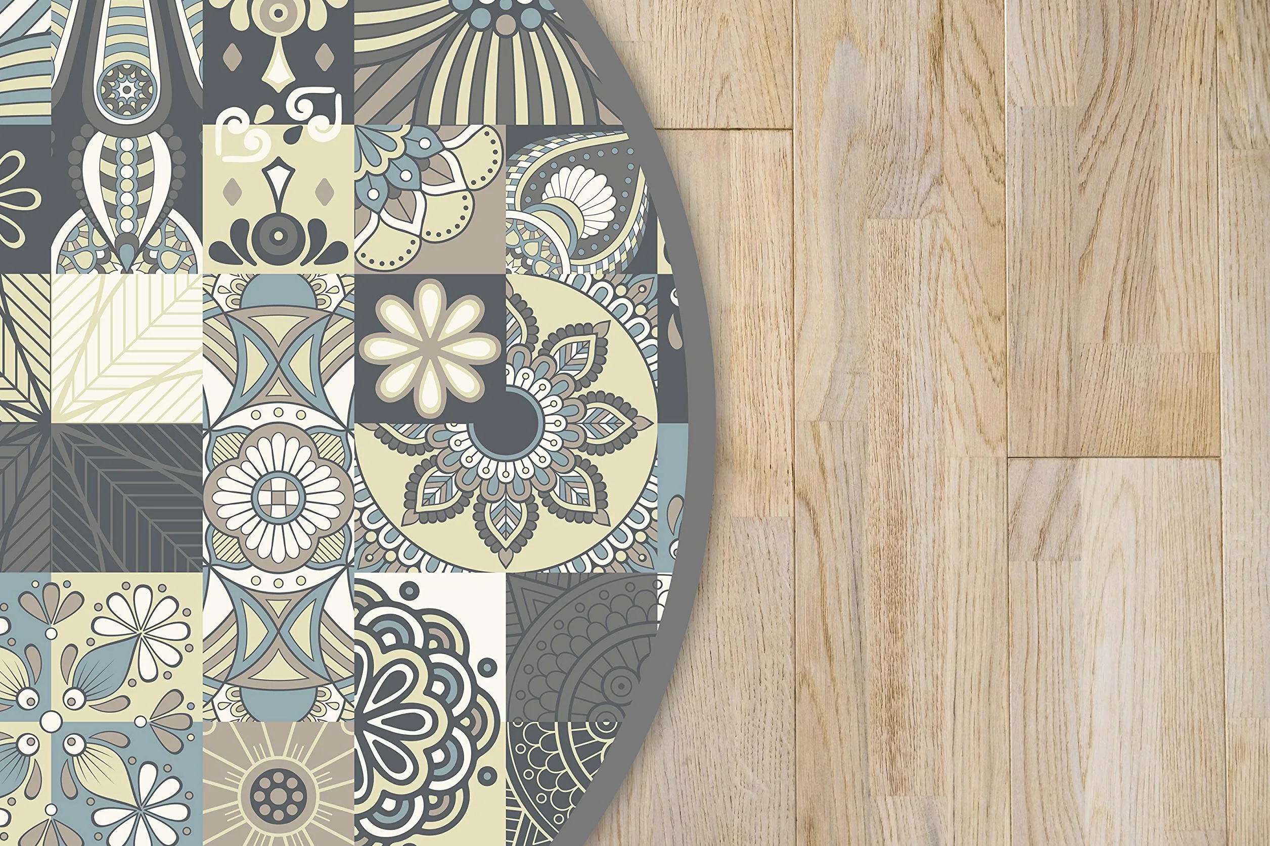 Panorama Tapis Vinyle - Modèle Carreaux Ciments Bleu Rond 100x100 cm - Différentes Tailles - Deco Maison, Cuisine, Chambre et Exterieur