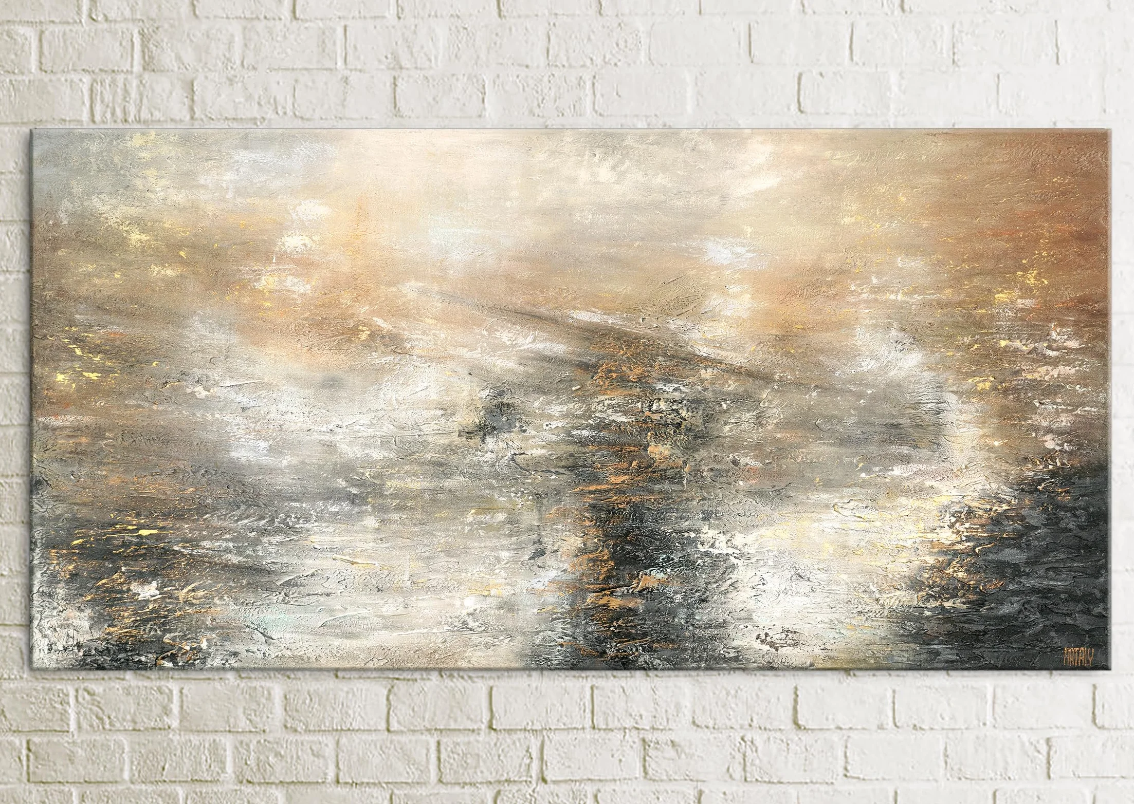 Tableau art abstrait moderne tons gris et noirs avec or 140x70 cm