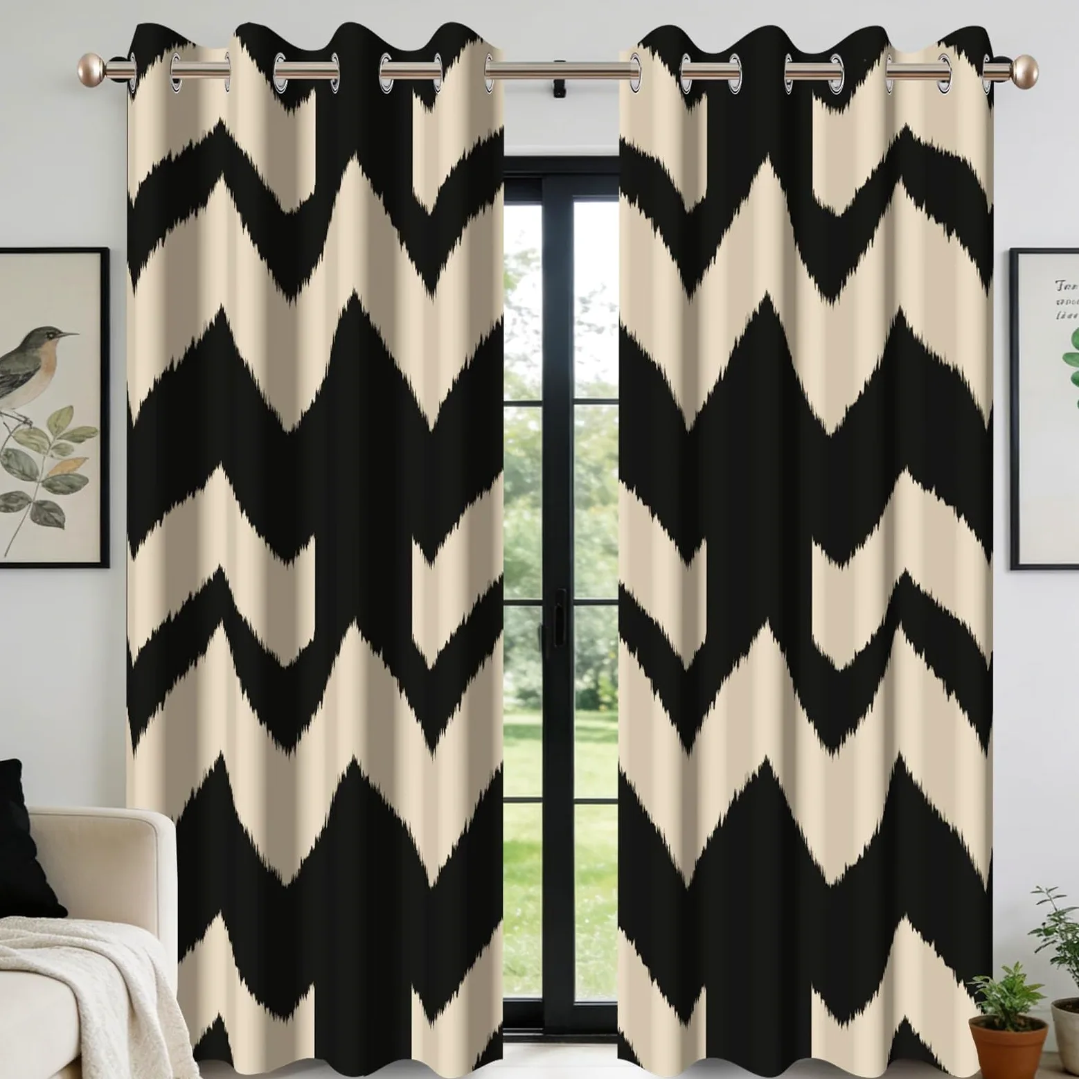 Rideaux occultants imprimés Beige et Noir 140x245cm pour Chambre et Salon, Lot de 2 Panneaux, Motif à Rayures abstraites, Style Moderne et élégant, œillets, Isolation Thermique.