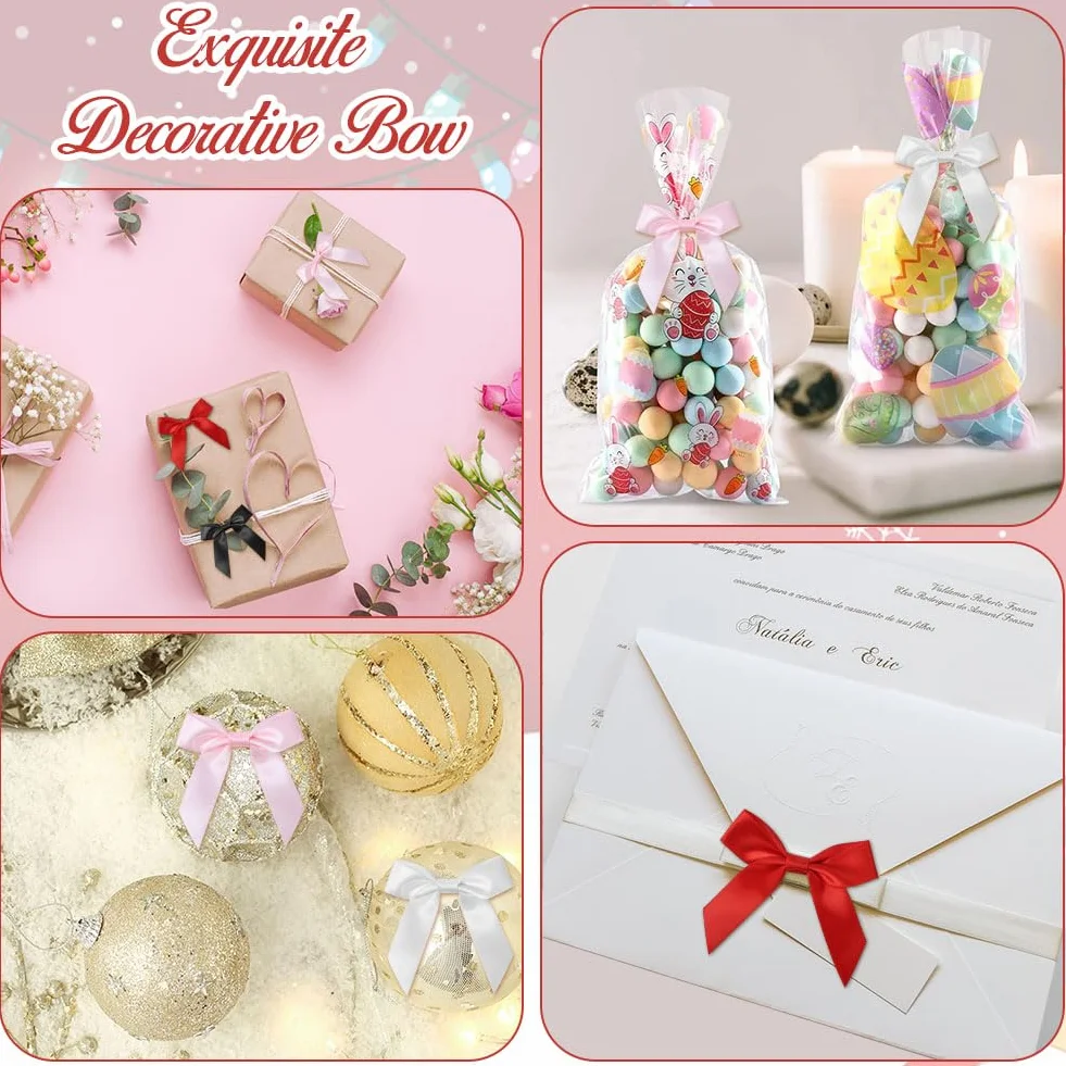 Lot de 50 nœuds en Satin 6 cm décoratifs Faits à la Main avec pastilles adhésives pour Noël, Emballage Cadeau