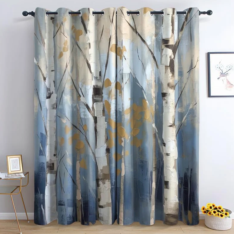 Rideau Occultant Bouleau, Rideau Isolant Thermique pour Salon Chambre, Rideaux Motif Arbre, Rideau Opaque à Oeillets, Lot de 2 Rideaux et Draperies Intérieurs 140x240 cm (LxH)