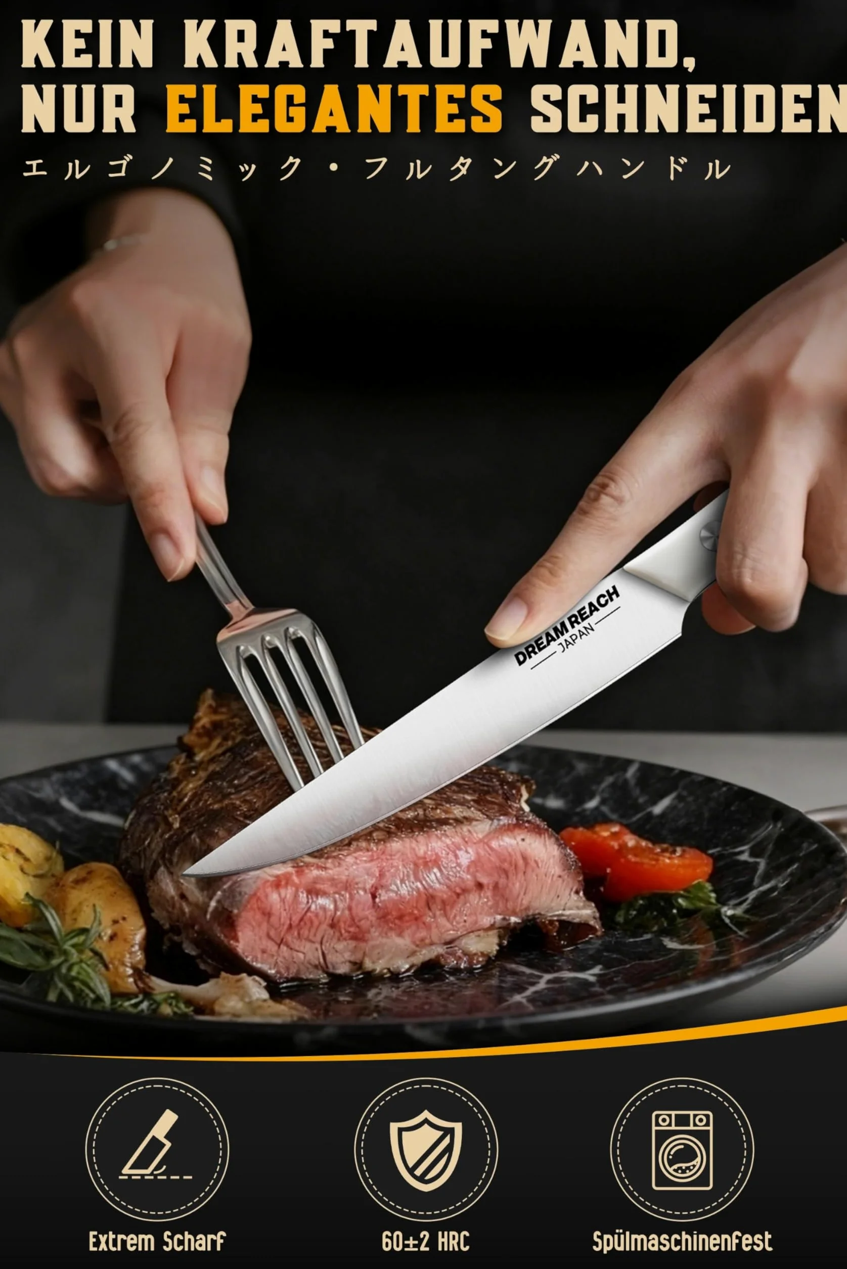 Dream Reach Set de 8 Couteaux à Steak à Lame Droite, Acier Inoxydable Full Tang, Lames Extra Tranchantes, Couverts de Table Professionnels, Lavables au Lave-Vaisselle
