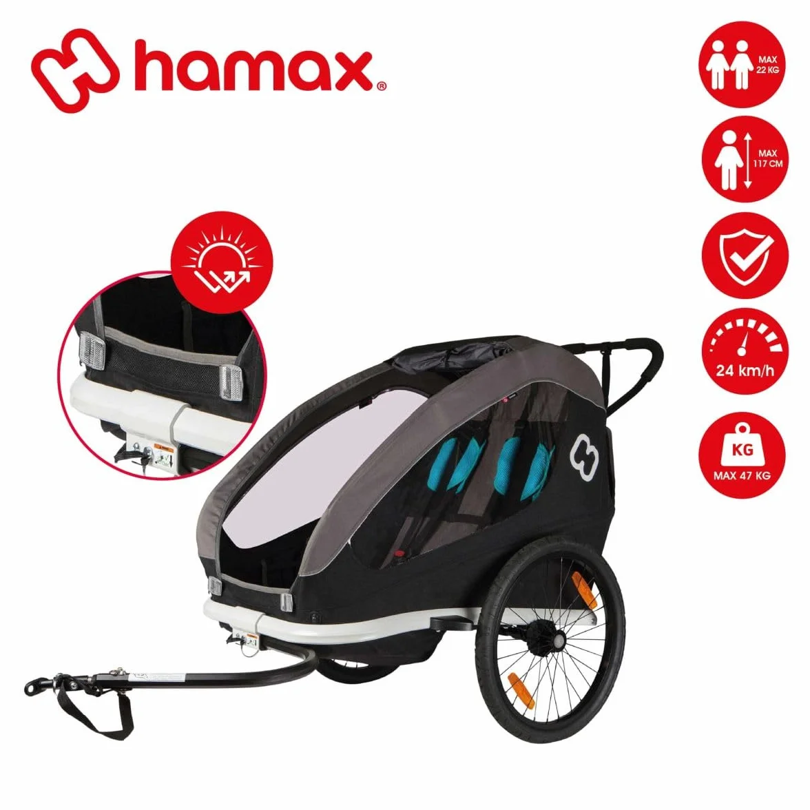 Hamax Remorque Traveller 2 Places Vélo Poussette Harnais 5 Points Pliable Enfants 22 kg