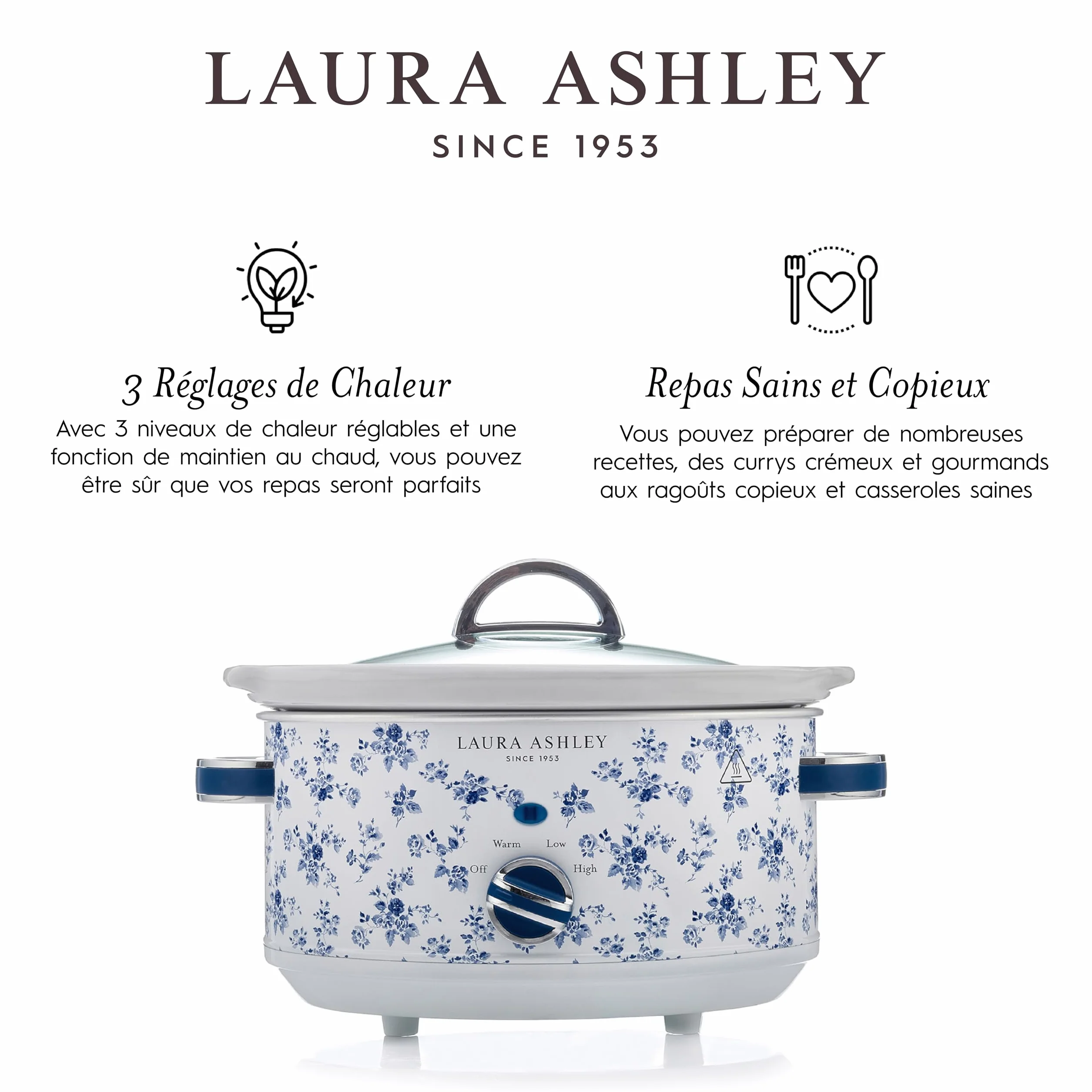 Laura Ashley Mijoteuse Electrique 6,5 Litres Imprimé China Rose VQ Slow Cooker 8-10 Personnes 3 Réglages Température Couvercle Verre Trempé