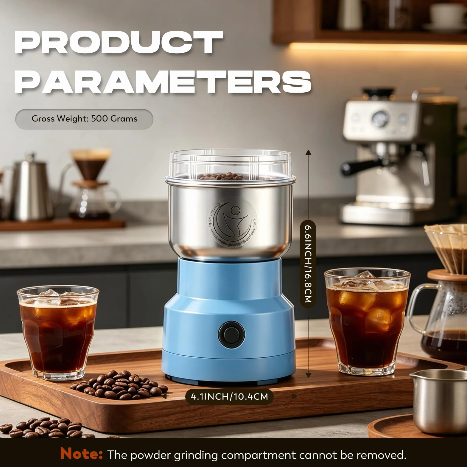 Moongiantgo Moulin à Céréales Multifonctionnel 150W 14500rpm, Moulin à Café Ultra-Fin 300ml, Acier Inoxydable, Broyeur Électrique Portable (Bleu)