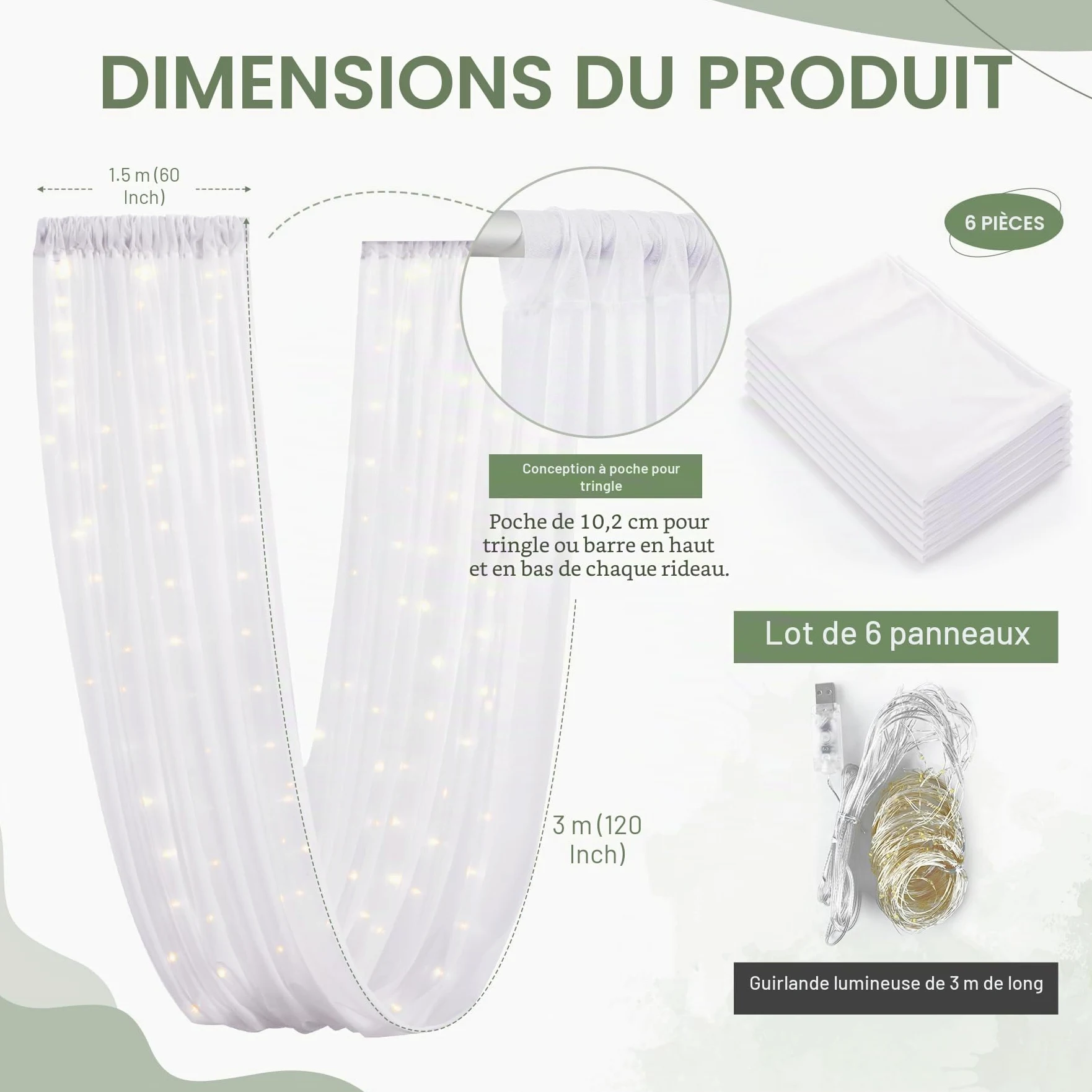 Lot de 6 rideaux de plafond blancs avec guirlandes lumineuses pour mariage – Rideaux de plafond en tulle transparent pour décoration de maison, fête, cérémonie, scène, 1,5 x 3 m