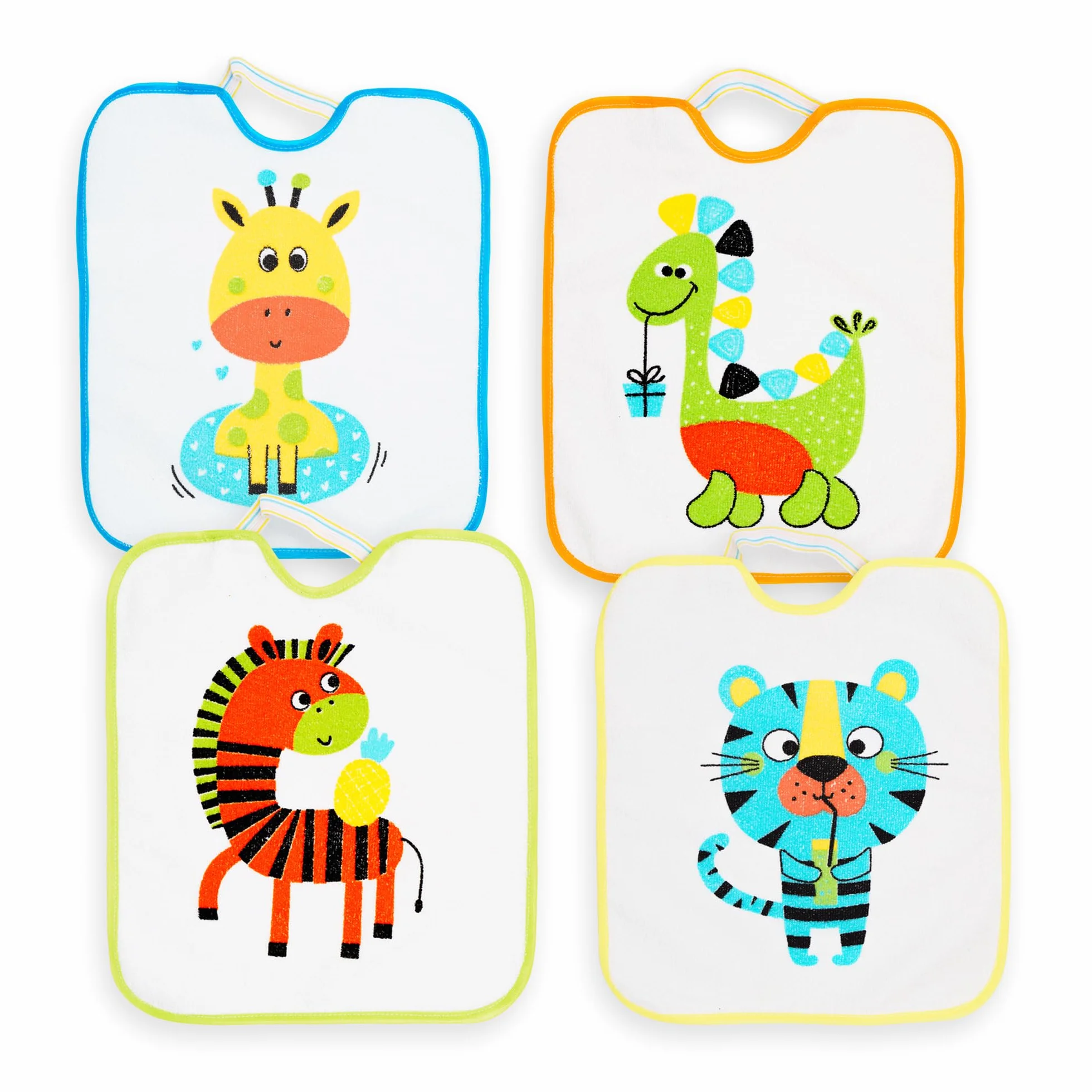 Lot De 4 Bavoirs Bébé Imperméables Éponge 73% Coton 27% Polyester Fermeture Élastique Motifs Animaux
