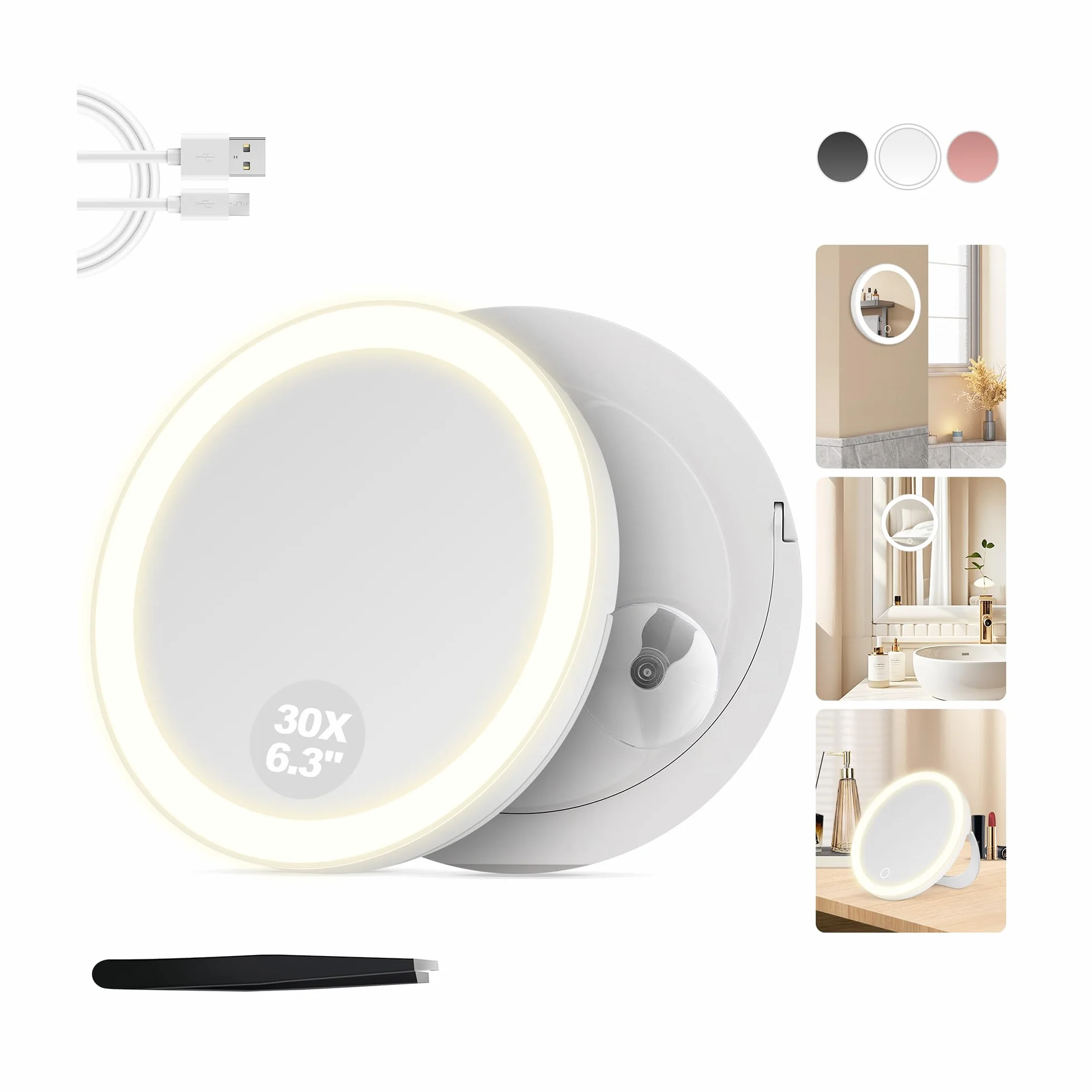 MOMOKUBA Miroir grossissant avec éclairage 30x, Ventouse, intensité Variable, Blanc