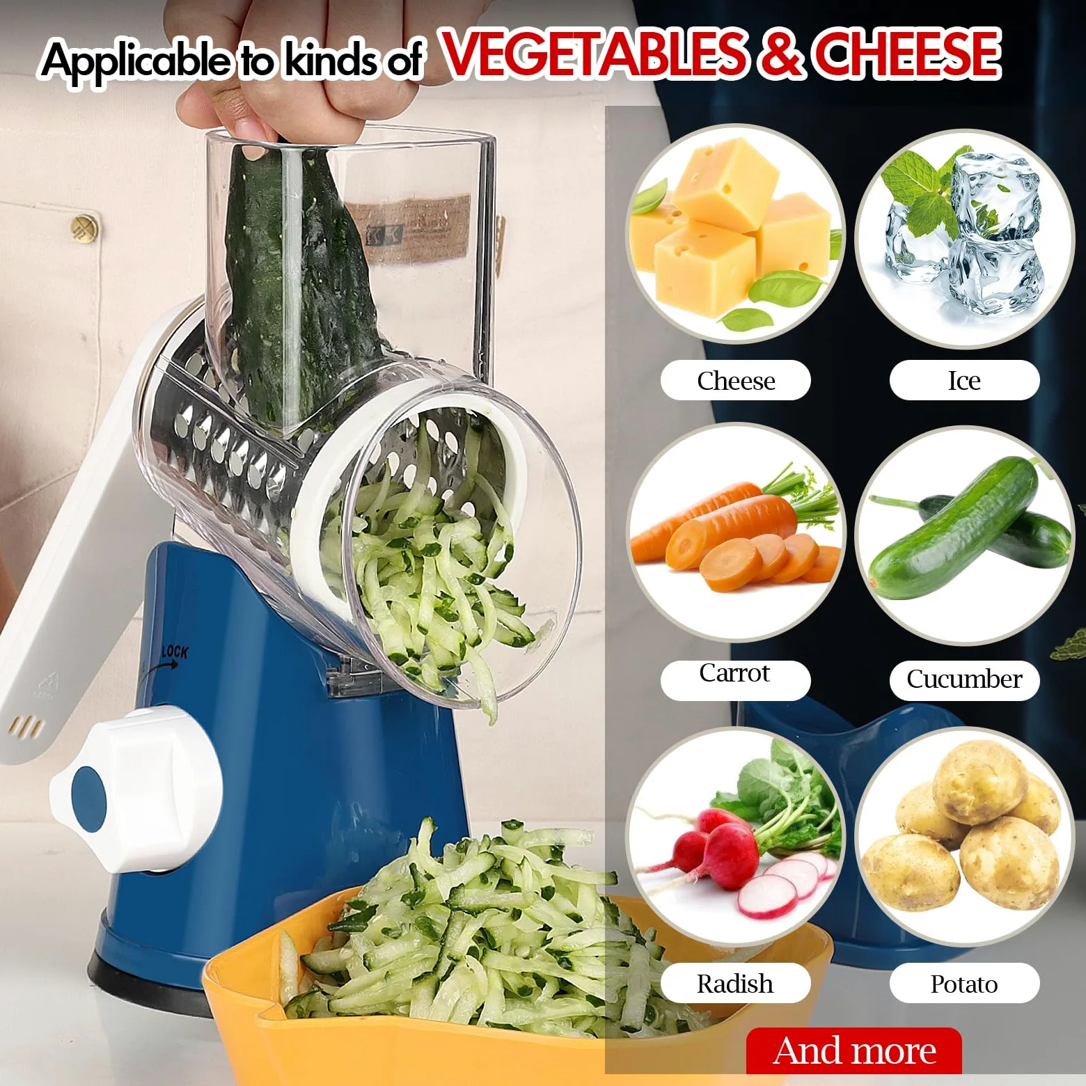 Ourokhome Râpe à fromage rotative à manivelle - Mandoline de cuisine - Rasoir à glace avec poignée et lames de tambour pour fromage, légumes, noix, chocolat, pommes de terre, carotte, 5 lames, bleu