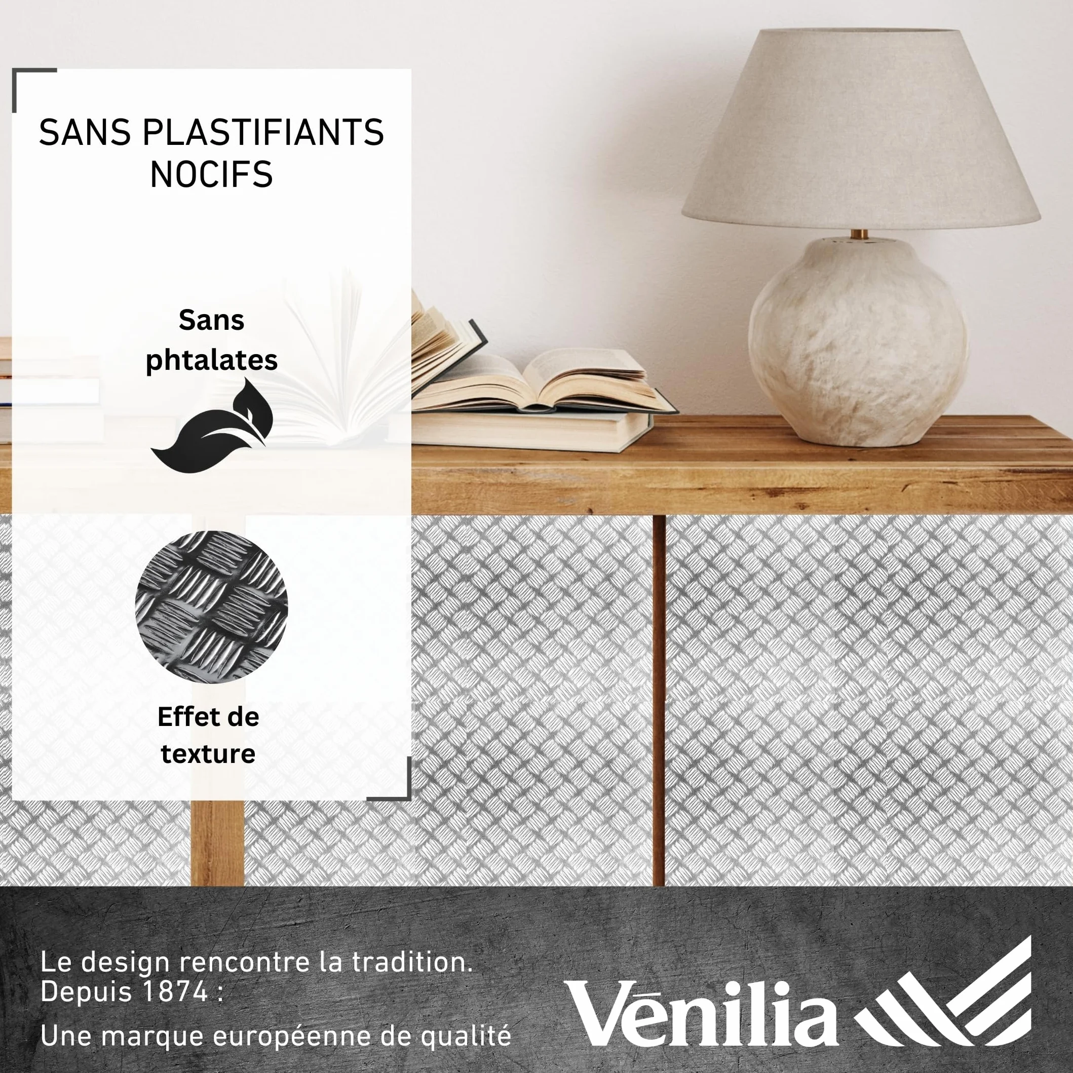 Venilia film adhésif effet industriel 45x150 cm, autocollant brillant métal strié pour meuble cuisine armoire porte argent