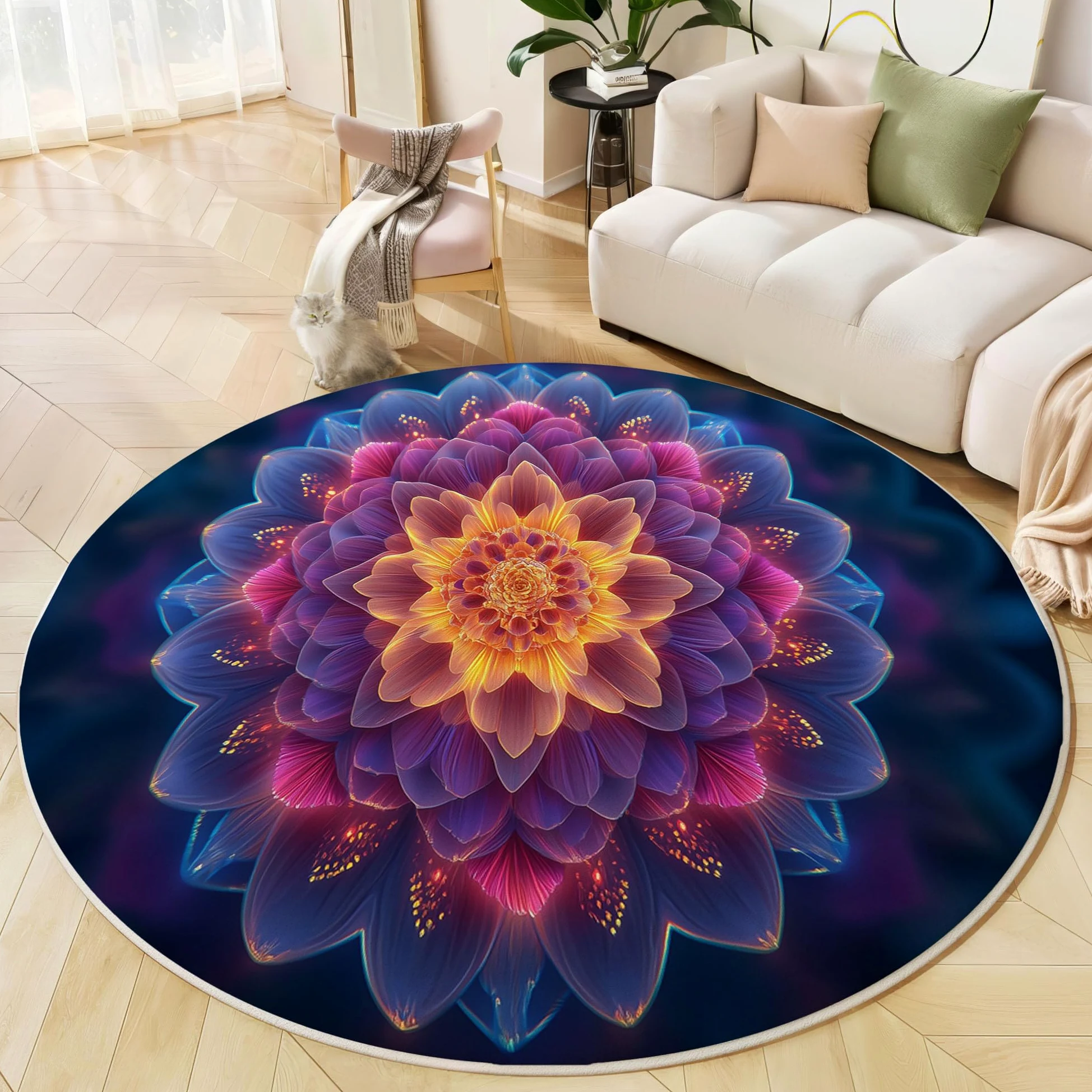 Tapis Rond 100cm, Microfibre Douce Tapis Circulaire Mandala, Moquette Salon Chambre, Imprimés Art Multicouche Pétales Antidérapant Lavable Moquette de Décoration, Bleu Violet
