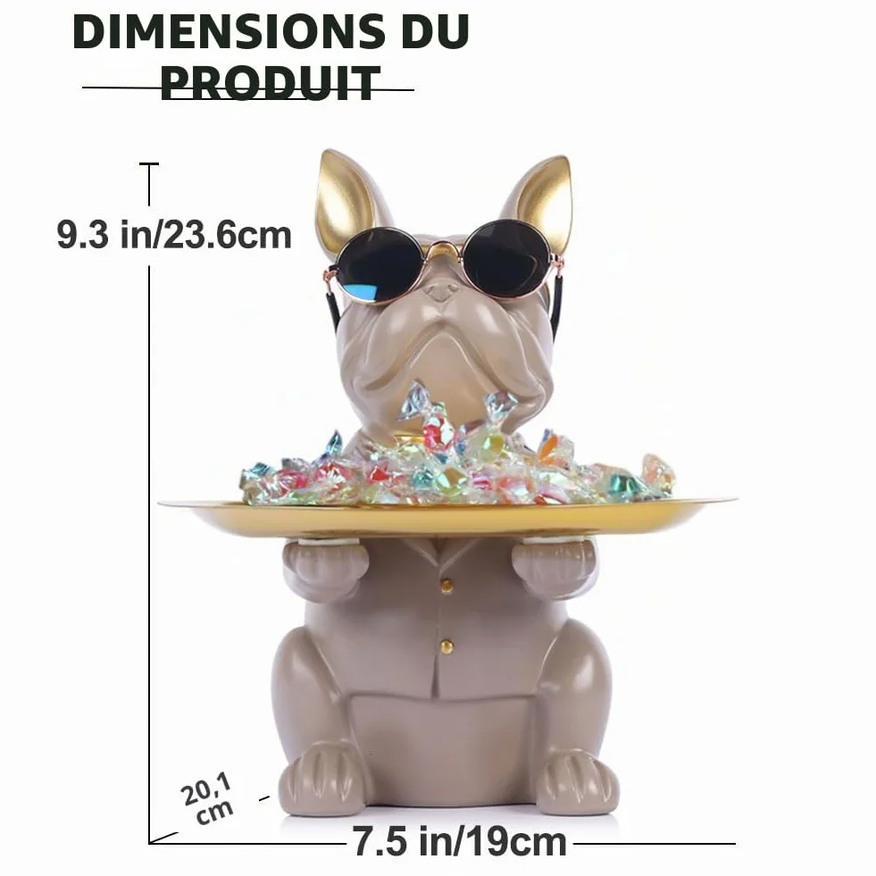 Statue Bouledogue Plateau de Rangement Tirelire en Résine Gris