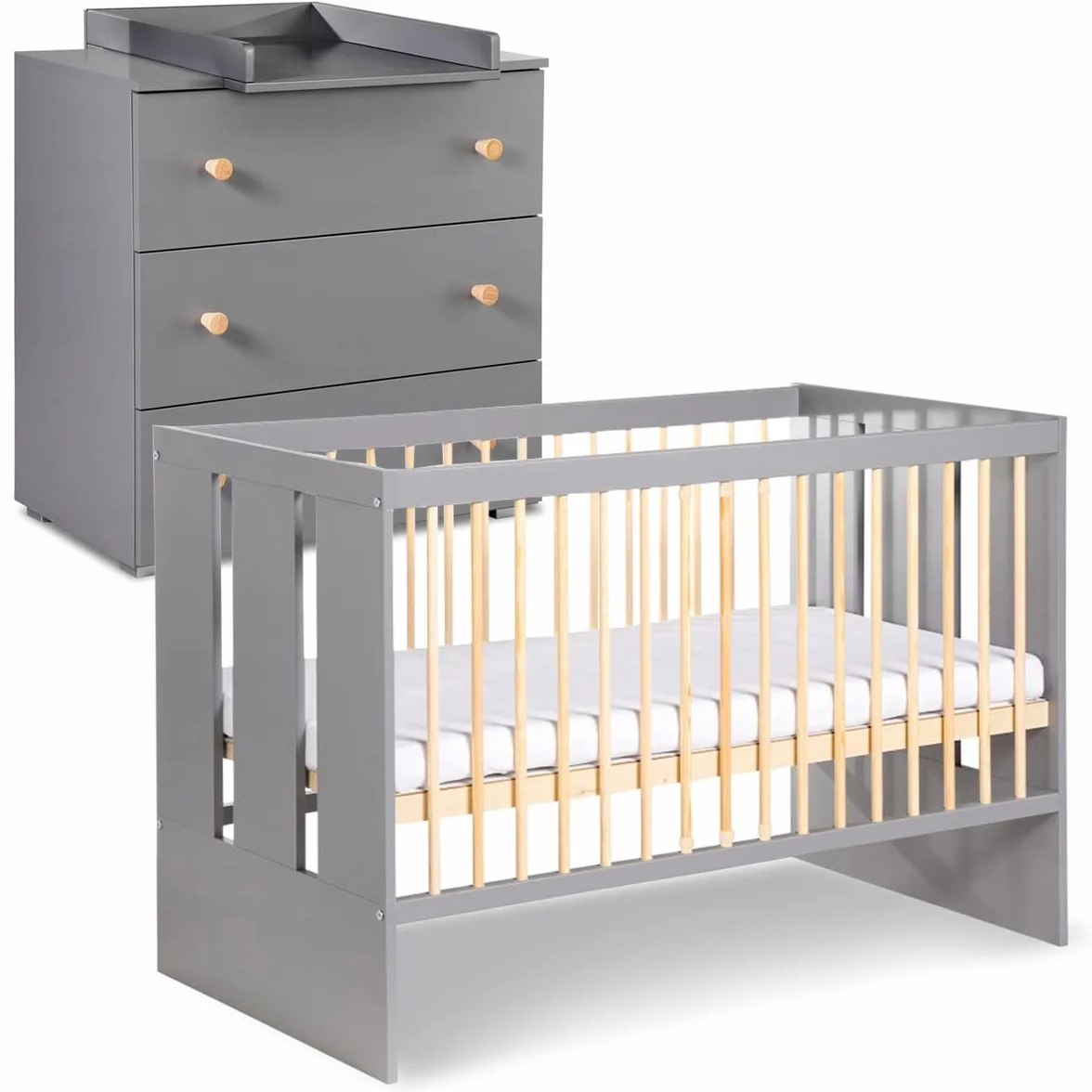 Mon Mobilier Design Pauline Ensemble Commode à Langer + lit bébé Gris/Bois 120x60 cm