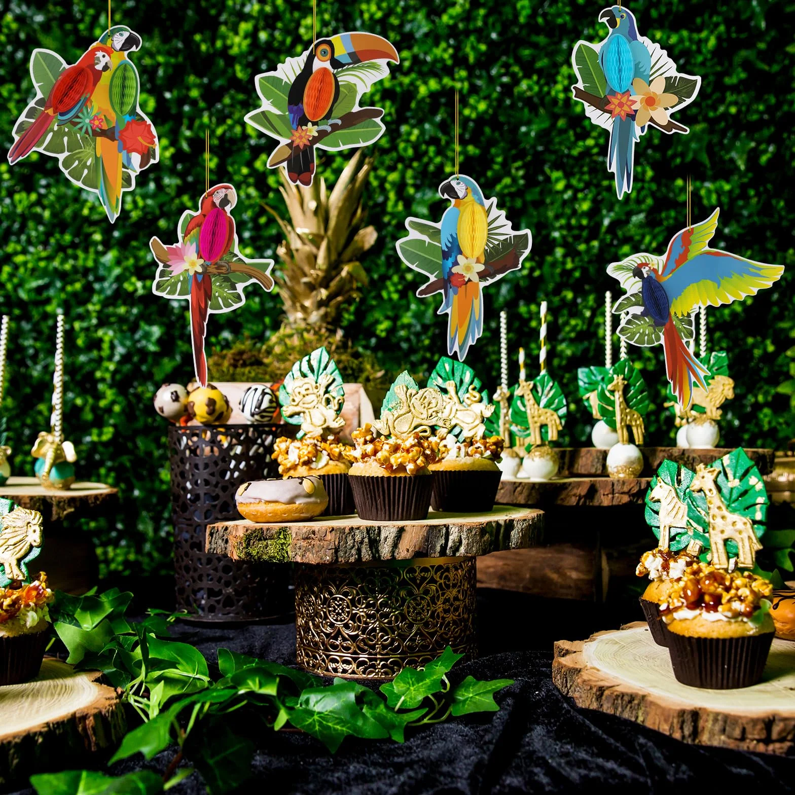Lot de 6 découpes en papier nid d'abeille oiseaux tropicaux, perroquet hawaïen, décoration fête forêt tropicale