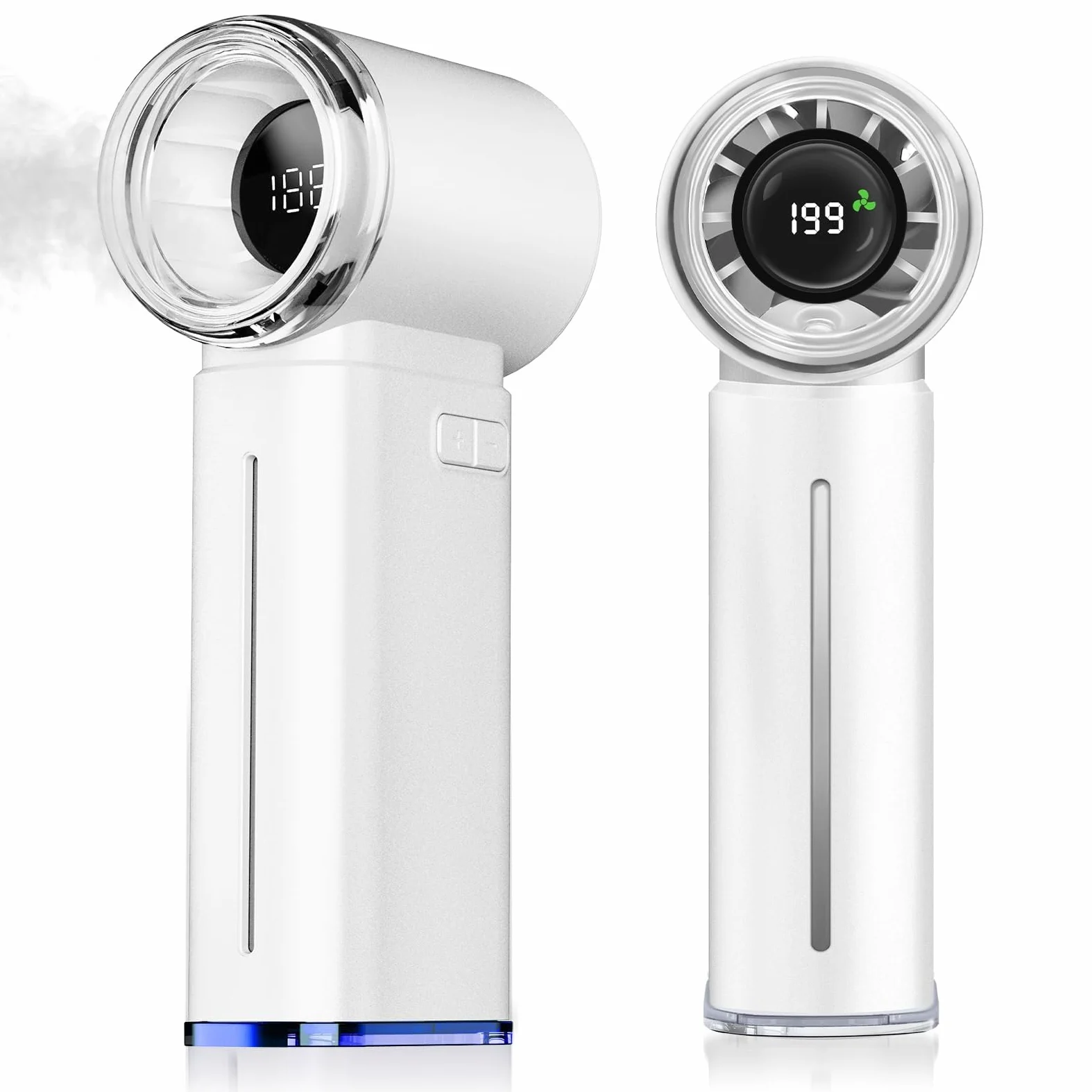 Mini ventilateur brumisateur portable – 5 000 mAh rechargeable avec affichage numérique, 199 vitesses réglables, cadeau d'anniversaire pour homme et femme, voyage, extérieur, maison, bureau (blanc)