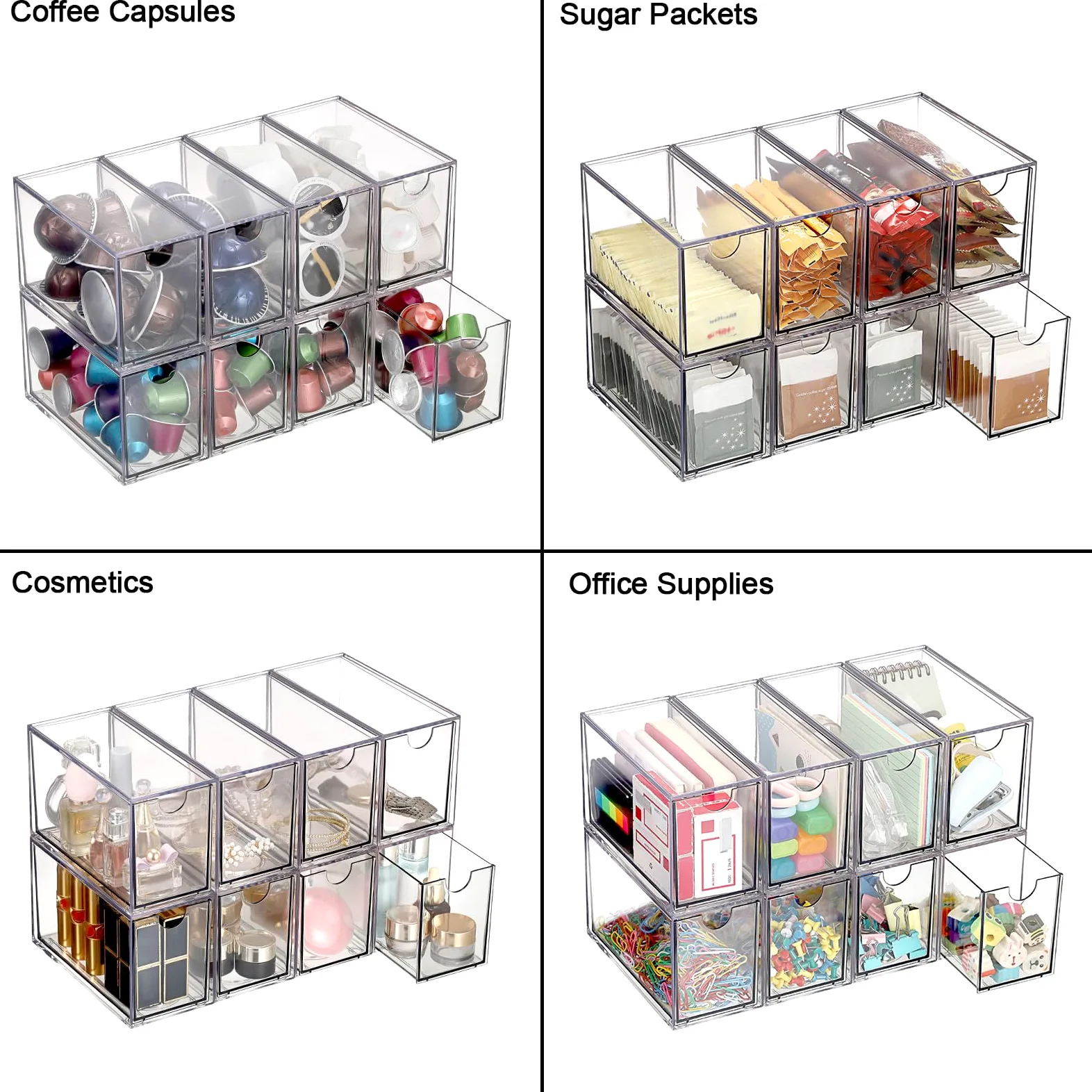 ELLDOO Organiseur de sachets de thé à 8 tiroirs, en acrylique transparent empilable, support de rangement pour sachets de thé de cuisine, garde-manger, rangement pour dosettes de café, collations pour
