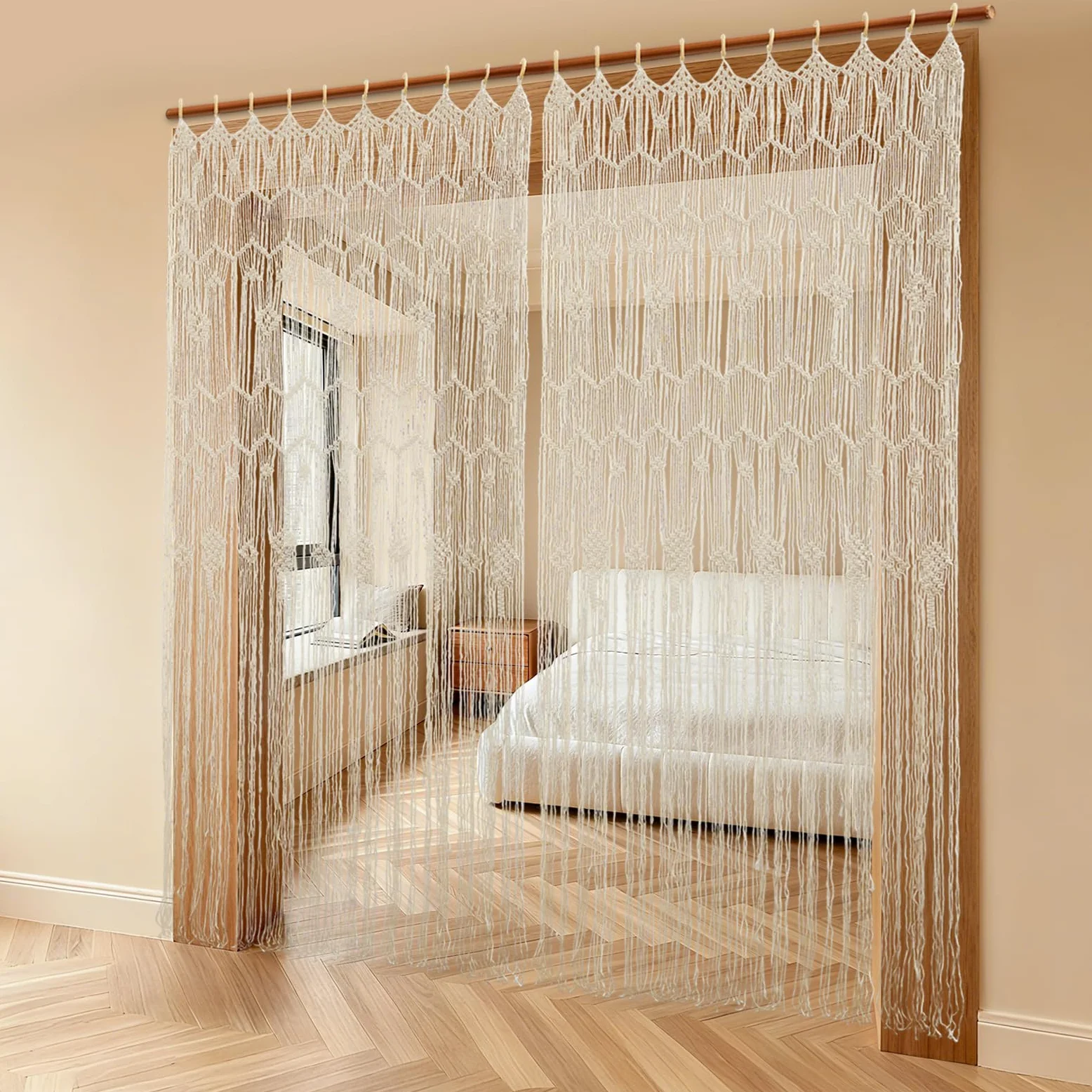 Rideau de fenêtre, 100 x 200 cm, en macramé, style bohème, séparateur de pièce, tissé à la main, 2 panneaux, pour salon, chambre à coucher, décoration de mariage