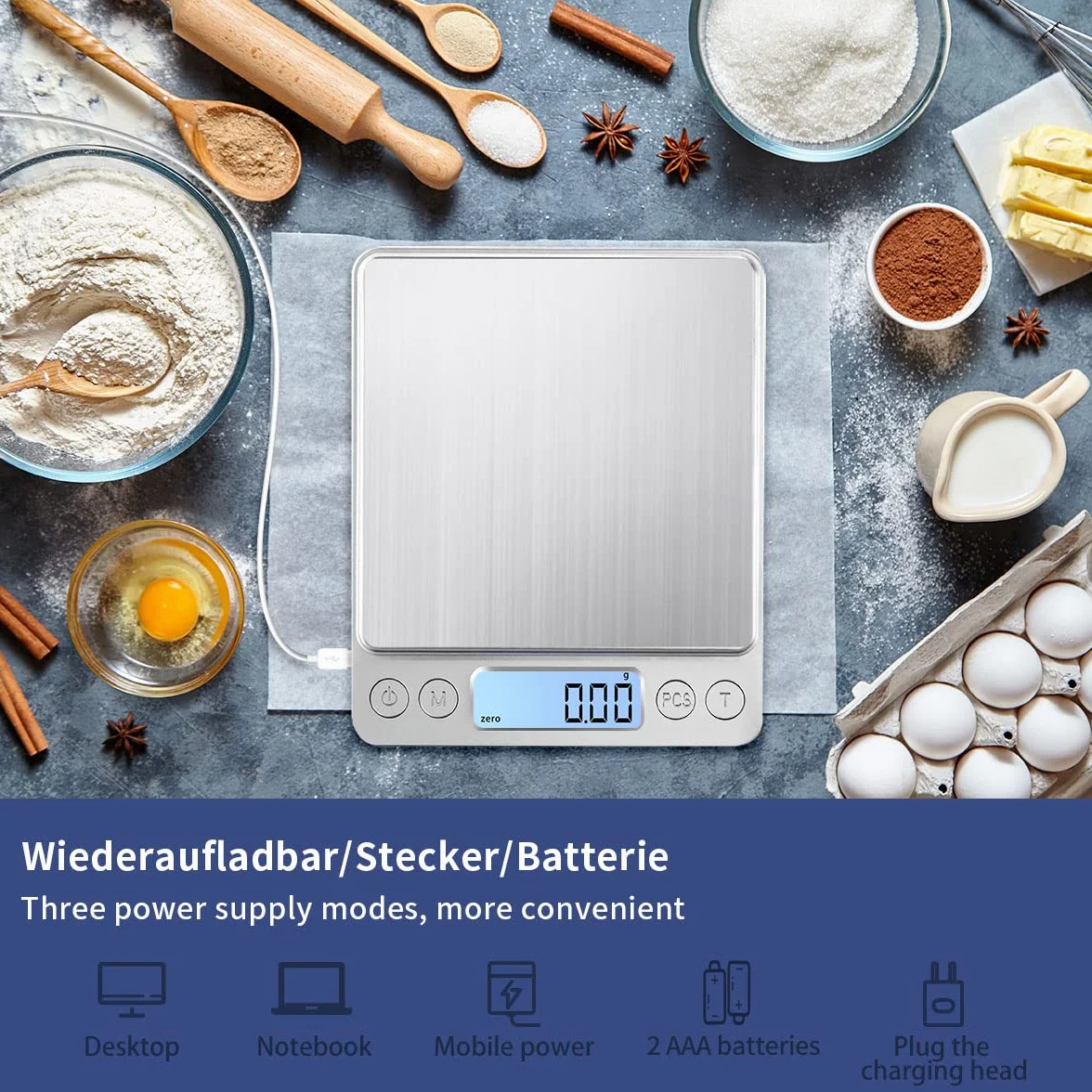 Balance de cuisine numérique de précision - Charge USB - 1 kg - 0,01 g - Haute précision - En acier inoxydable - Surface de pesée - Idéale pour bijoux, pièces de monnaie, poudre