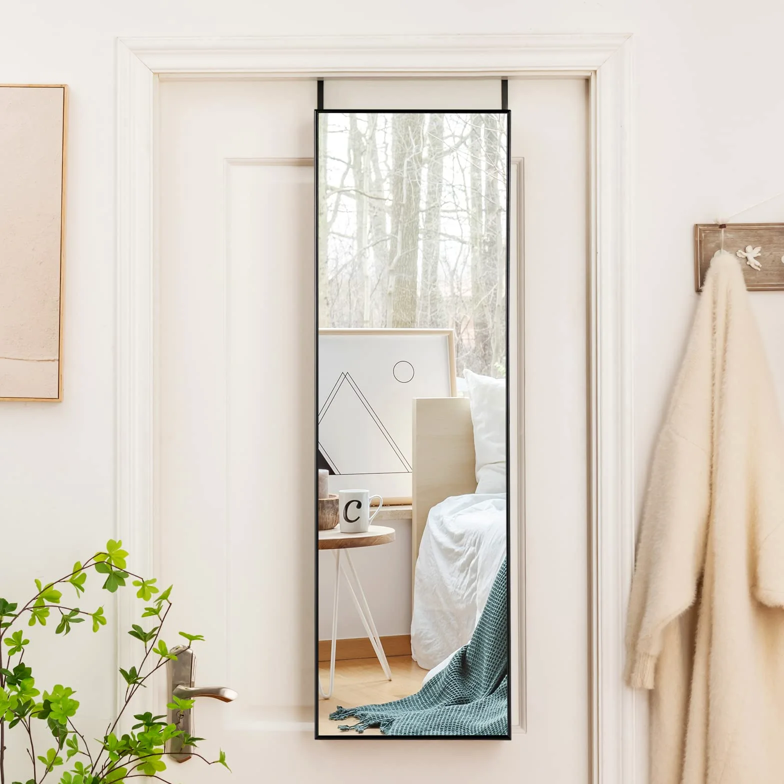 COSTWAY Miroir 120 x 37 cm Au-Dessus de la Porte, Miroir Pleine Longueur Cadre en Alliage d'Aluminium et Verre Incassable, Crochets pour Vestiaire Chambre Salon (Noir)