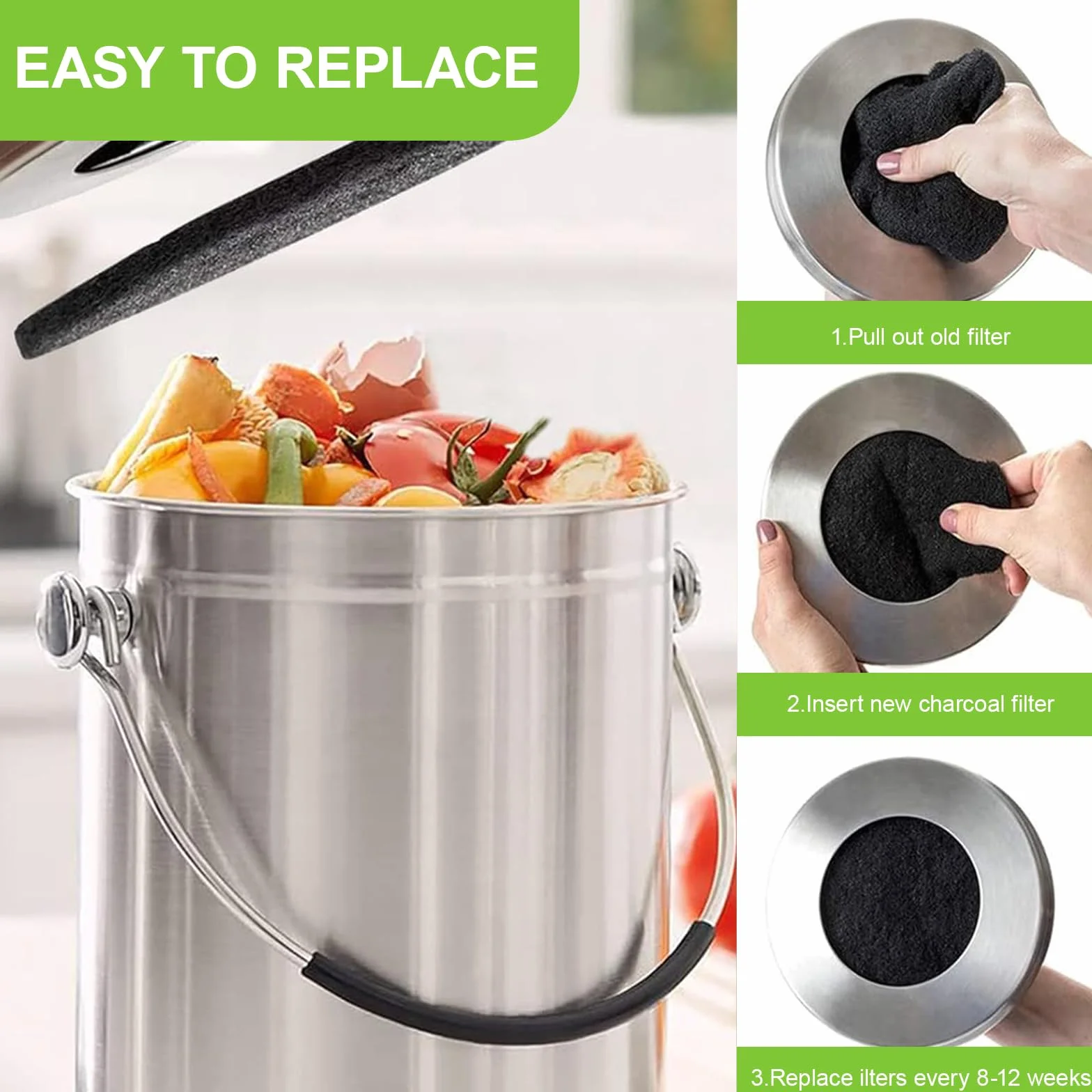 Filtres à Charbon Actif Anti-Odeur pour Poubelles à Compost Ronds 8 Pièces, Jusqu'à 17 cm