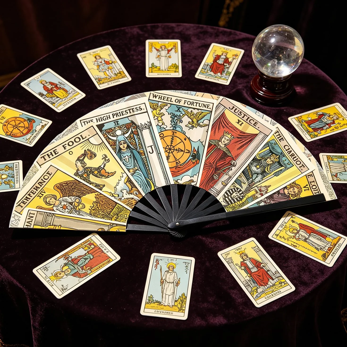 Éventail de tarot mystique avec motifs de cartes de tarot pour festival, cosplay et cadeau divination