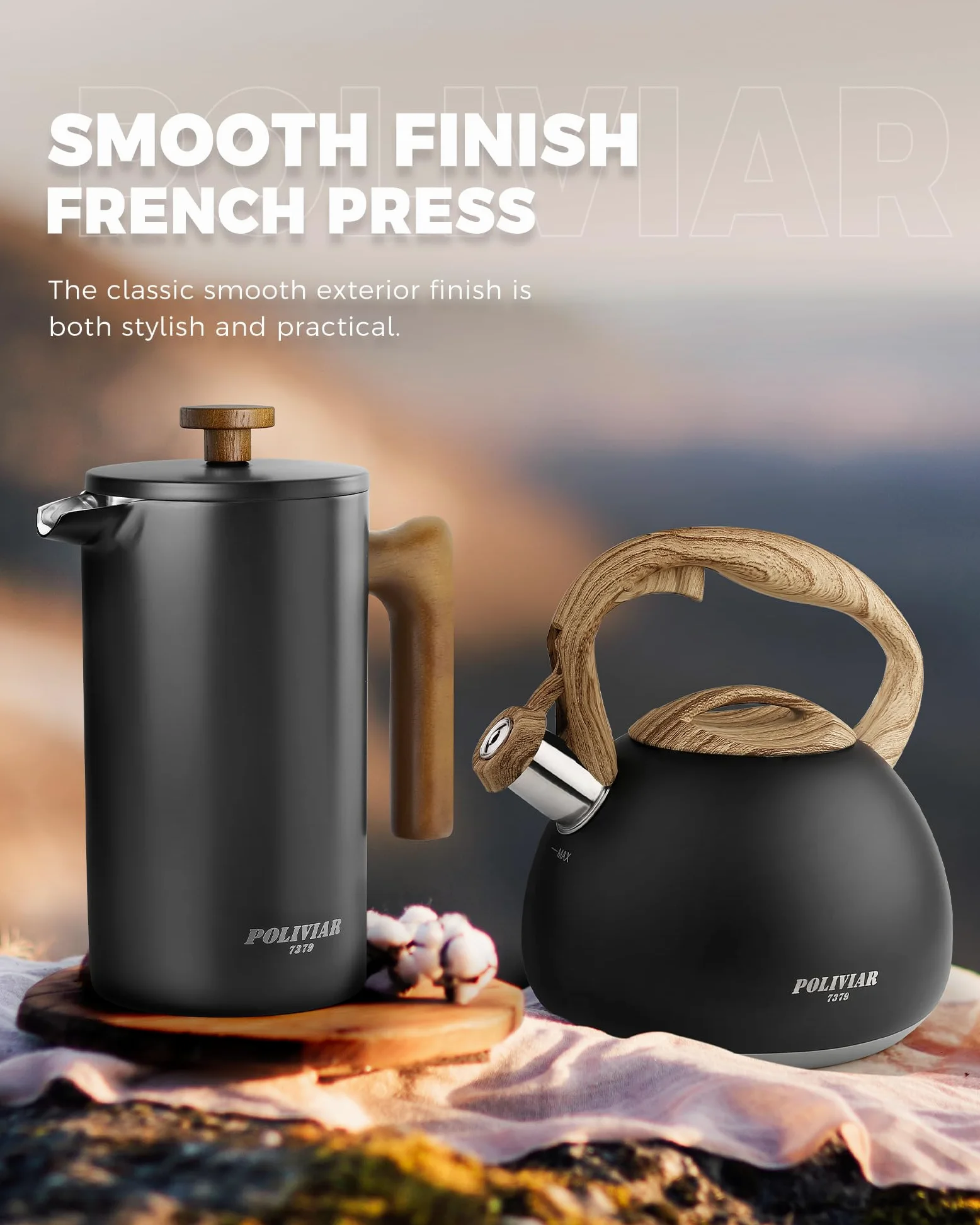 POLIVIAR 7379 POLIVIAR Cafetiere 8 tasses, cafetière à piston avec poignée en bois, cafetière isolée à double paroi et 1 filtre supplémentaire, presse à café en acier inoxydable pour un bon café et t