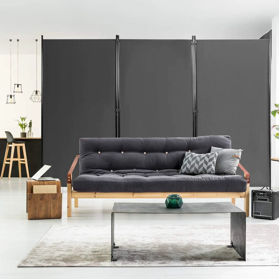FANTASK Paravent Mural à 3 Panneaux - 260 x 183 cm - Pliable - avec Dessous réglables - en métal et Polyester - pour la Maison, Le Bureau, la terrasse - Gris