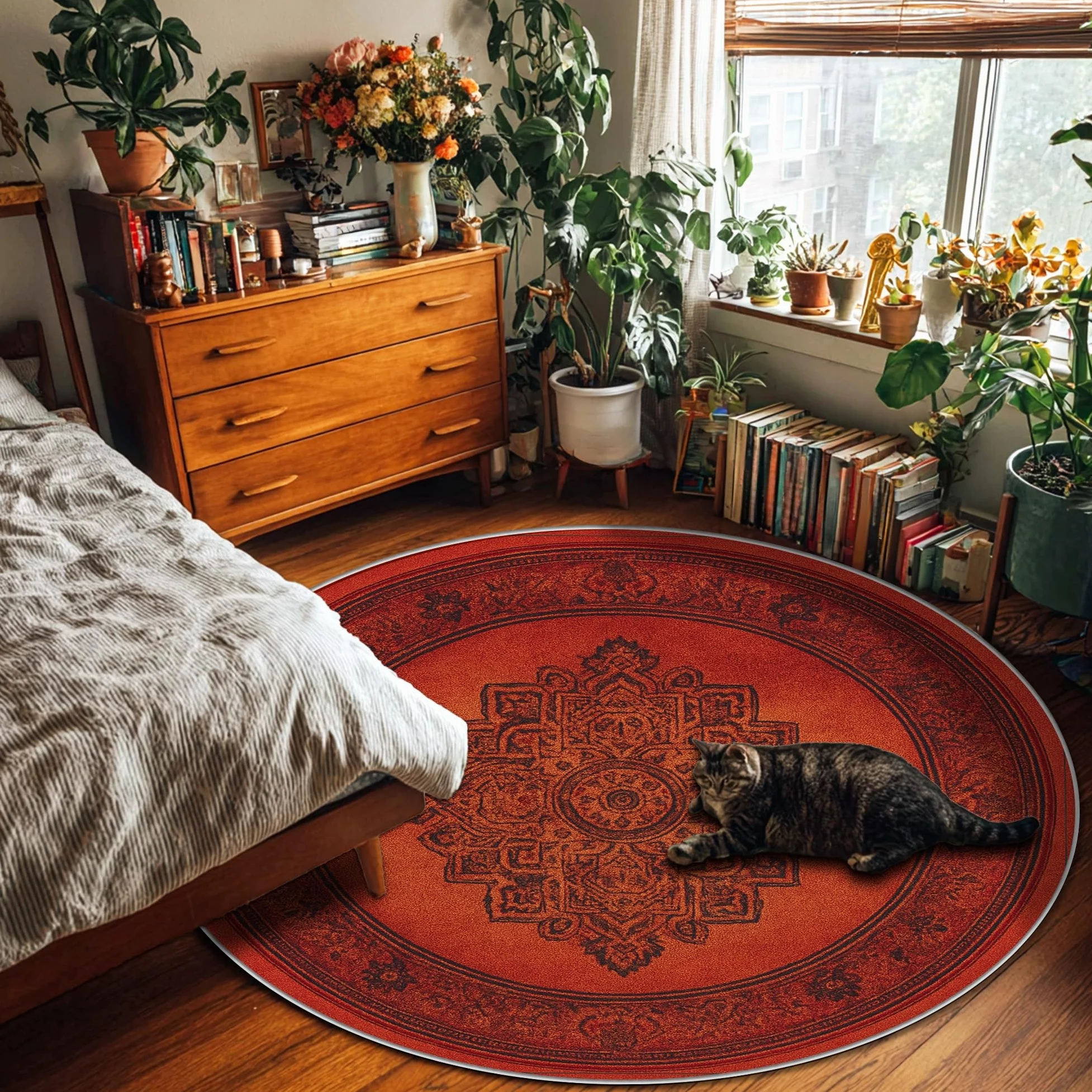 Tapis mandala, style bohème vintage à ornement floral, terre cuite, envers antidérapant, pour salon, chambre à coucher, nouvelle maison, salle à manger, 1,8 x 1,8 m