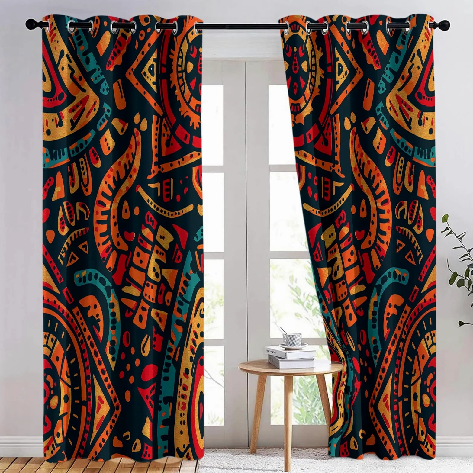 Lot De 2 Rideau Occultant Style Ethnique Graffiti Art Africain, Rideaux Opaques Isolants Thermiques À Oeillets, Draperies Intérieurs Salon pour Chambre Enfant, L140 x H160 cm