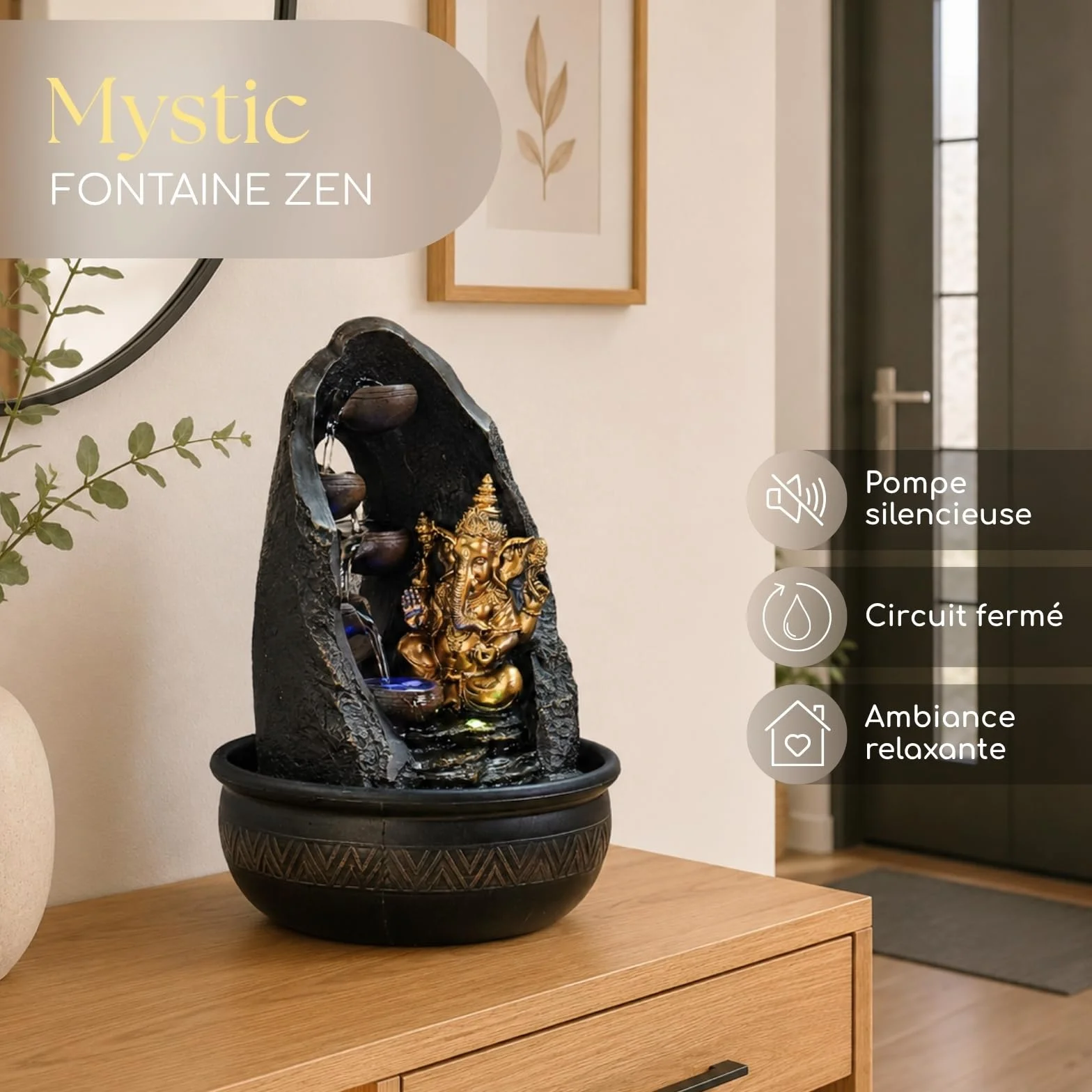 Fontaine d'Intérieur Bouddha Ganesh avec Lumière LED Colorée Feng Shui Zen H 40cm Mystic Zen'Light
