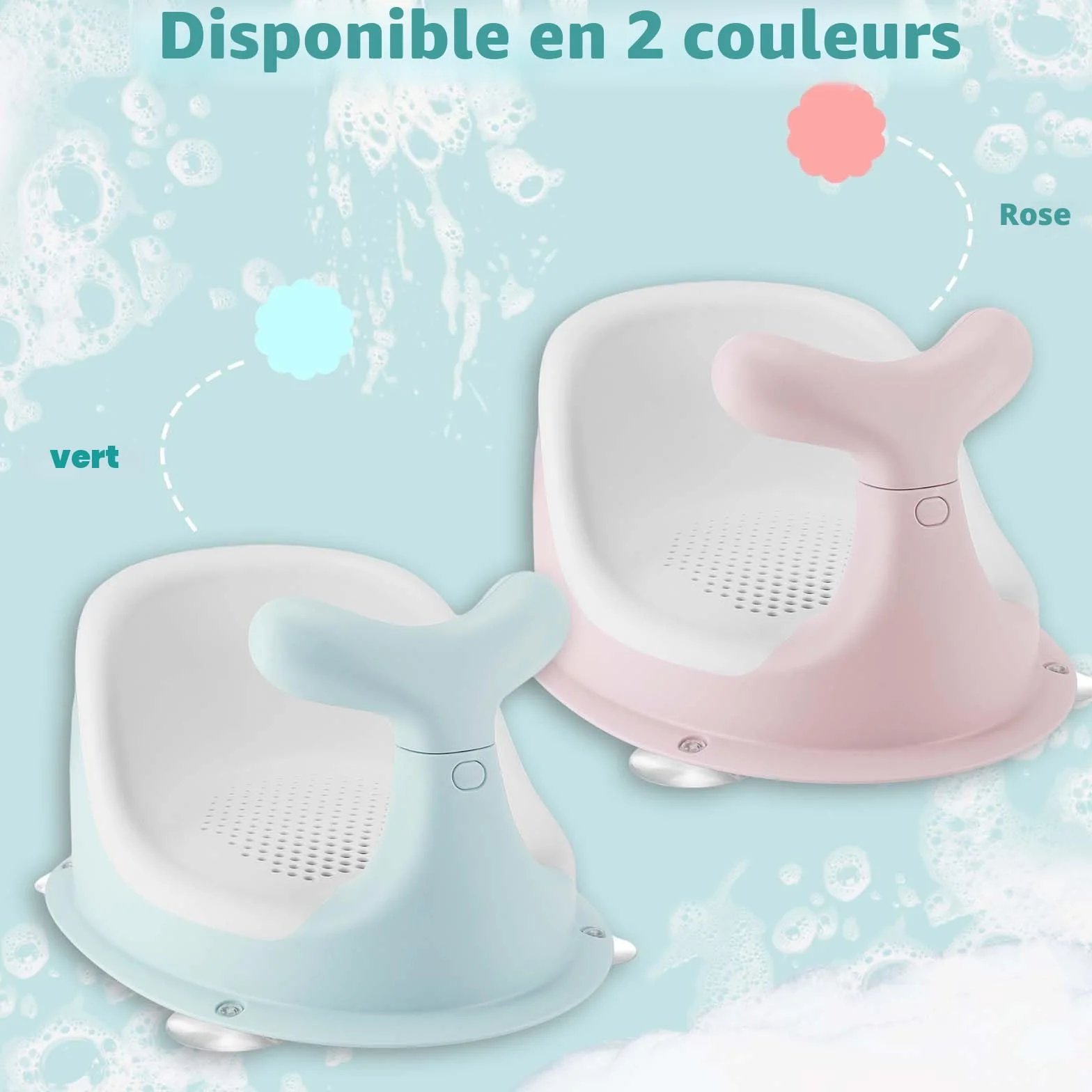 Chaise de Douche pour bébé, forme baleine, coussin silicone respirant, dossier ergonomique, 4 ventouses antidérapantes, 6 mois+ (vert)