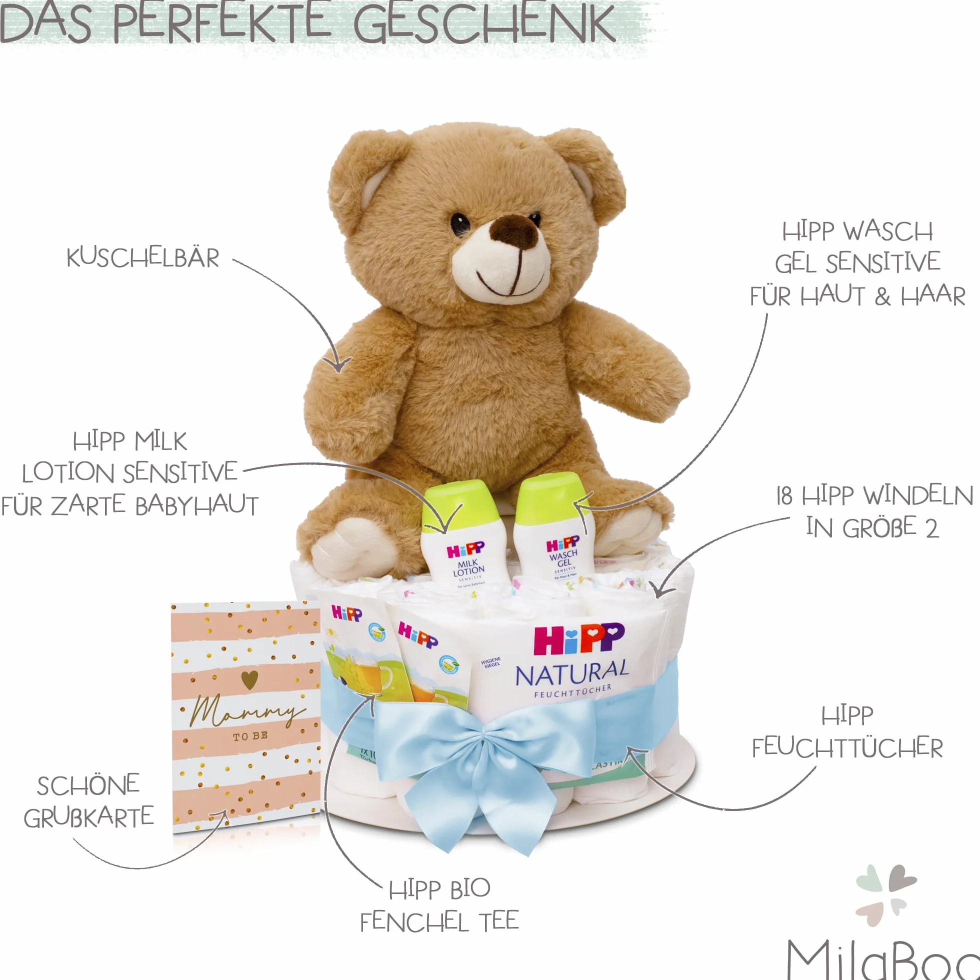 MilaBoo® Gâteau de couches bleu garçon avec petit ourson tout doux cadeau de naissance personnalisé