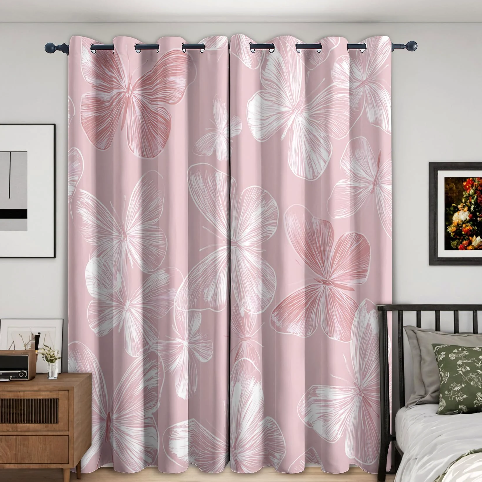 Rideau Occultant Papillon Rose, Féminine Et Féminine Motif Rideaux Thermiques à Oeillets, Rideaux Imprimé pour Salon Chambre Fenetre Moderne Décoration, 140x160 cm (L x H), Lot de 2, D#640
