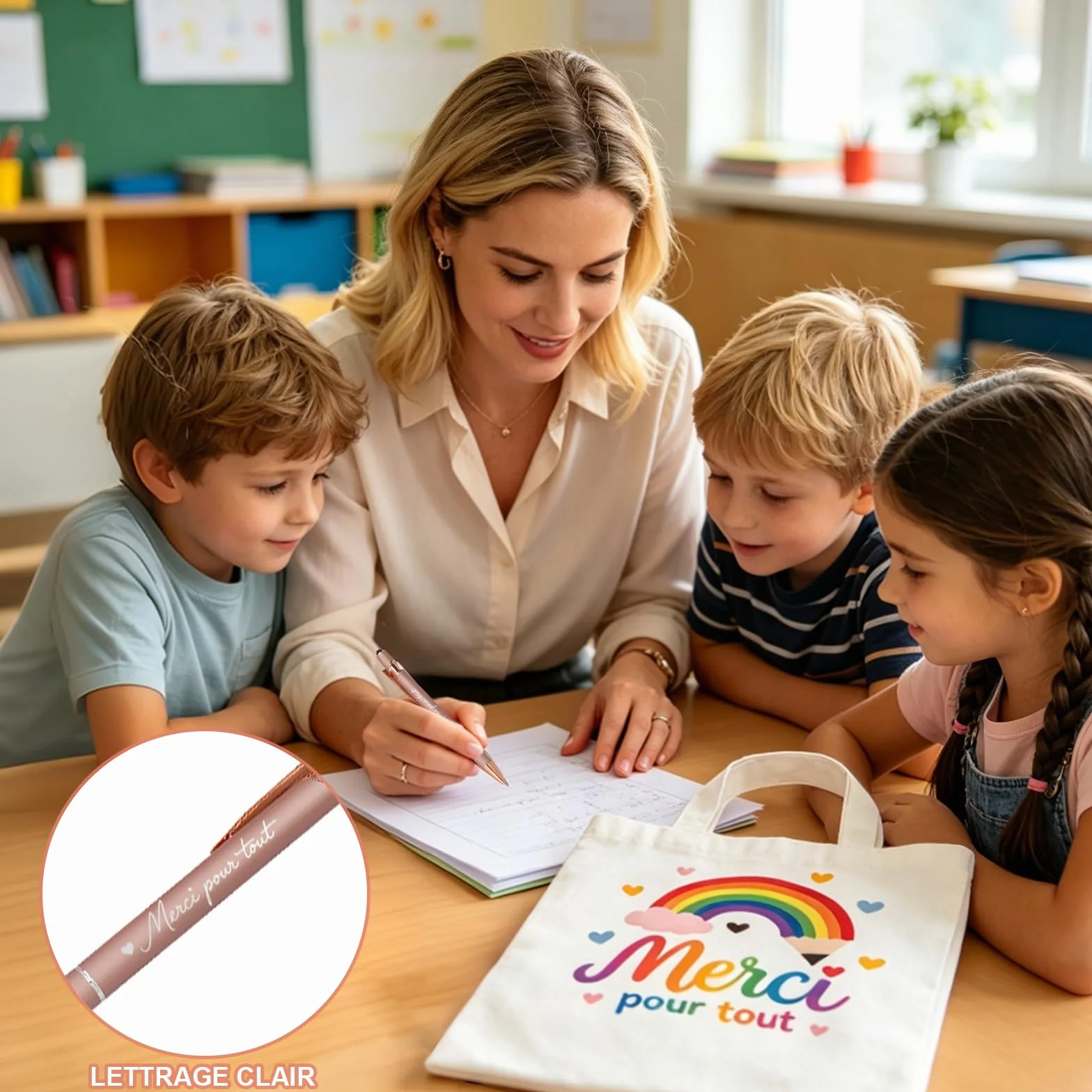 Cadeau Maitresse d'École Tote Bag Merci Porte-Clés Arc-En-Ciel Stylo Rose Tissu Résistant Design Coloré