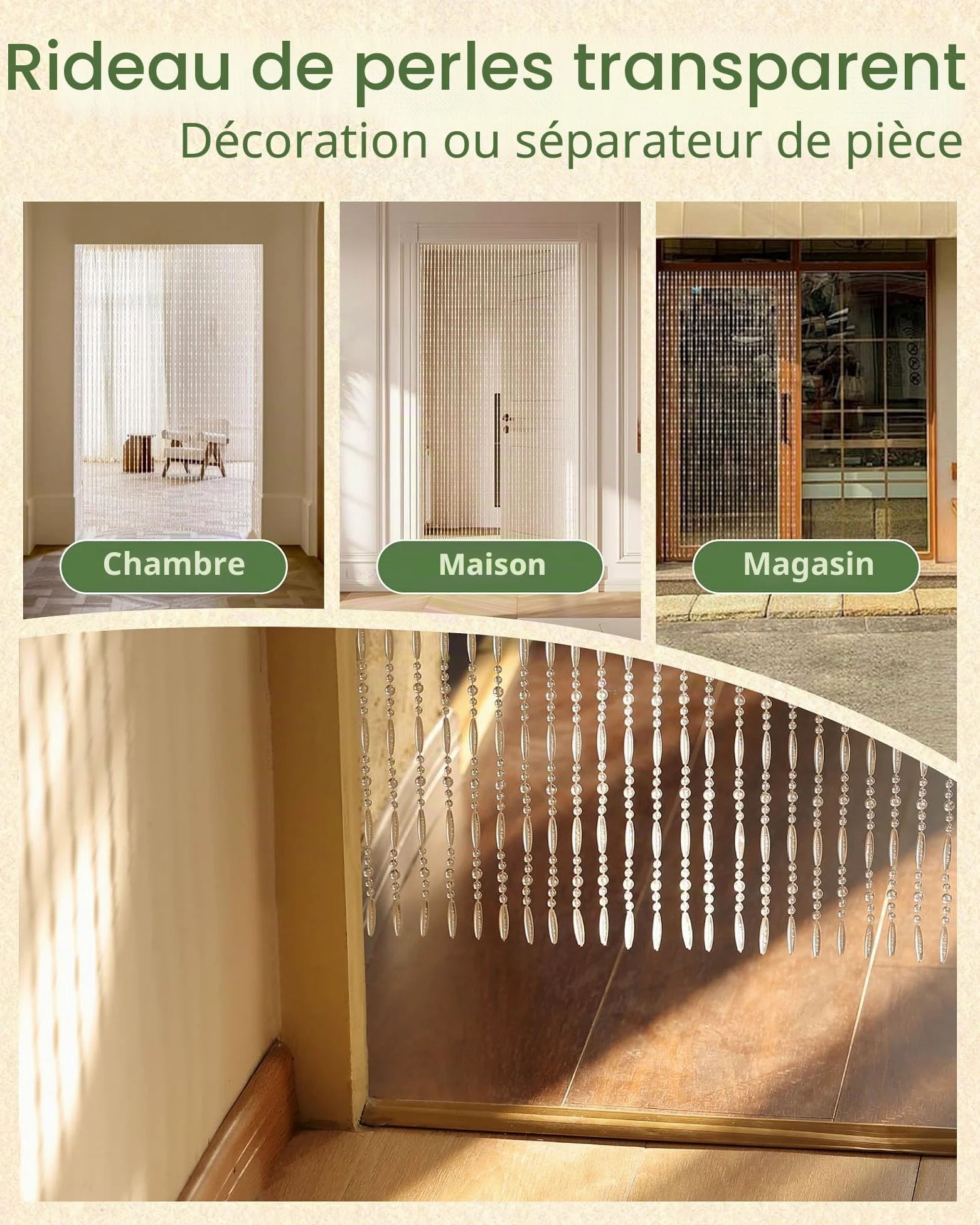Rideau de Perles Transparent Porte de Balcon, 100x230cm, 75 Brins, Rideau de Perles en Plastique comme Moustiquaire et Décoration pour Porte de Balcon, Chambre