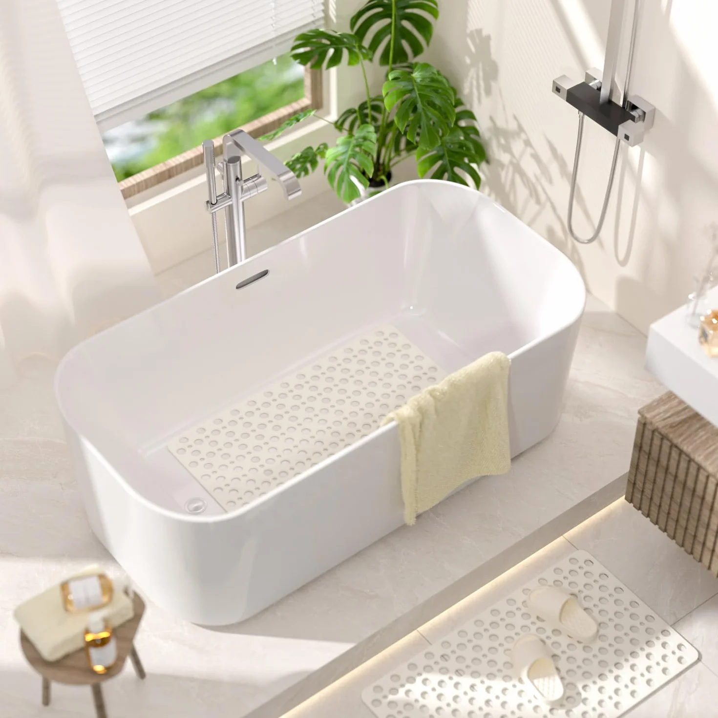 HITSLAM Tapis de Baignoire Antidérapant 70 x 38 cm Sans BPA Résistant aux Moisissures Lavable en Machine Blanc
