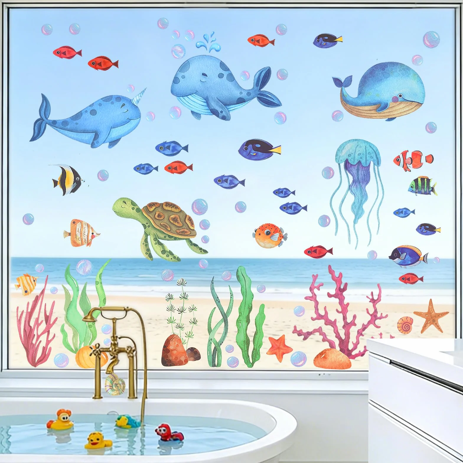 Autocollants Fenêtre Enfants 9Pcs Electrostatique Stickers Vitre Décoratifs Océan Été