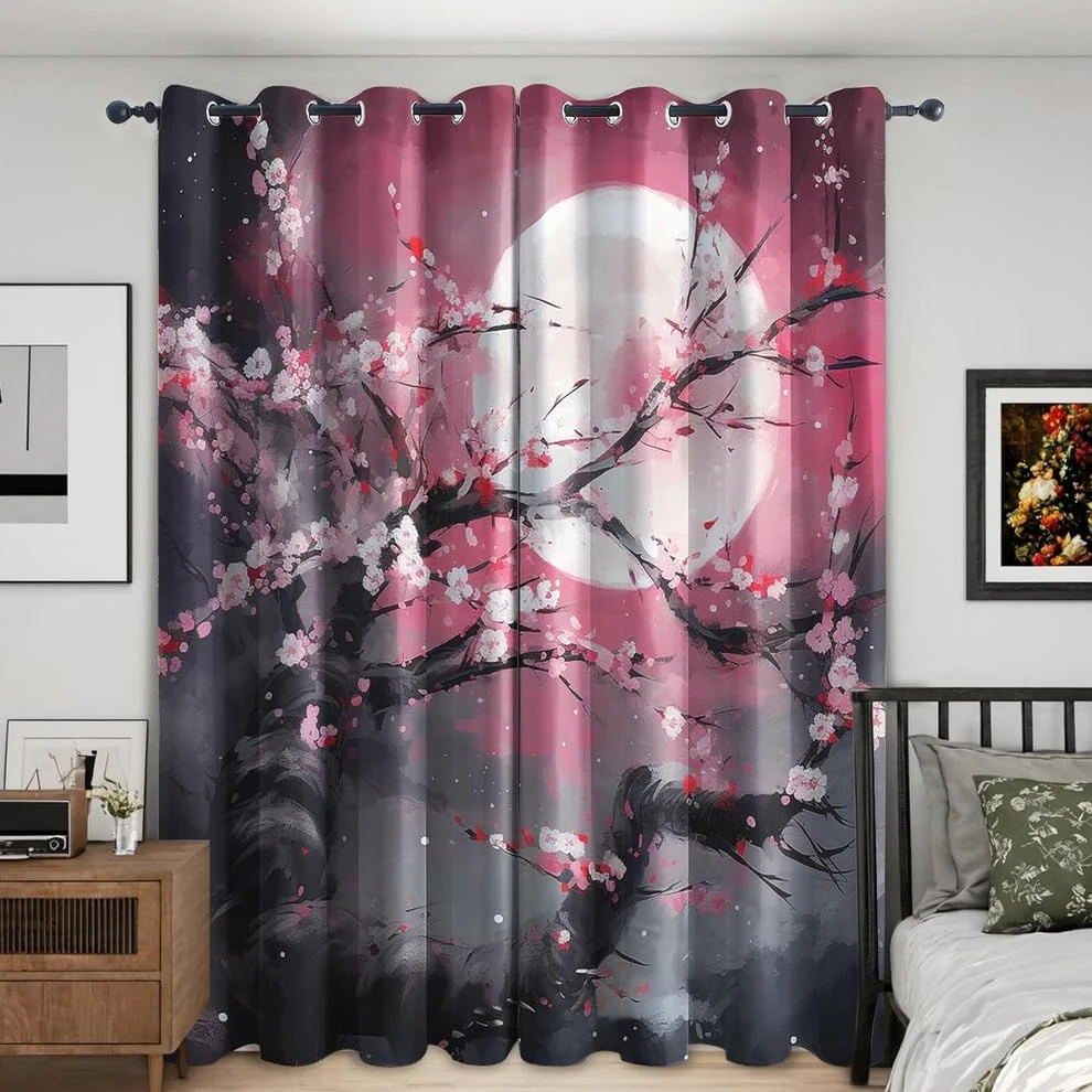 Rideau Motif Style Japonais Fleurs de Cerisier, Rideaux Thermiques Isolant Anti Froid, Rideaux Occultant À Oeillets, Lot De 2 Rideau Blanche Motif 140x240 Cm Décoration Salon,L,140x200H cm (2 panels)