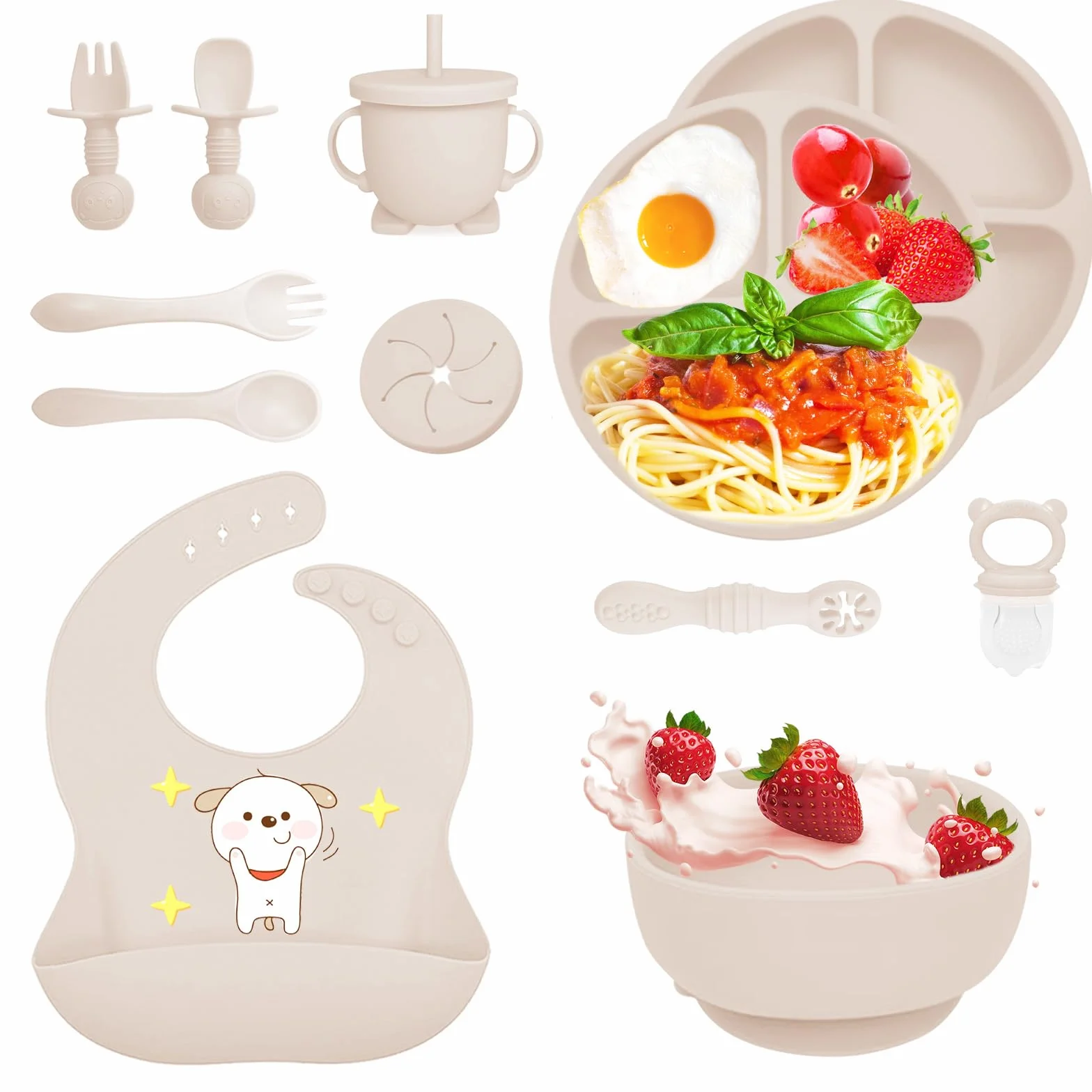 Coffret Repas Bebe 12 pièces Vaisselle Antiderapant Silicone avec Ventouse Assiette Bol Fourche Cuillère Bavoir Tasse Sans BPA Beige