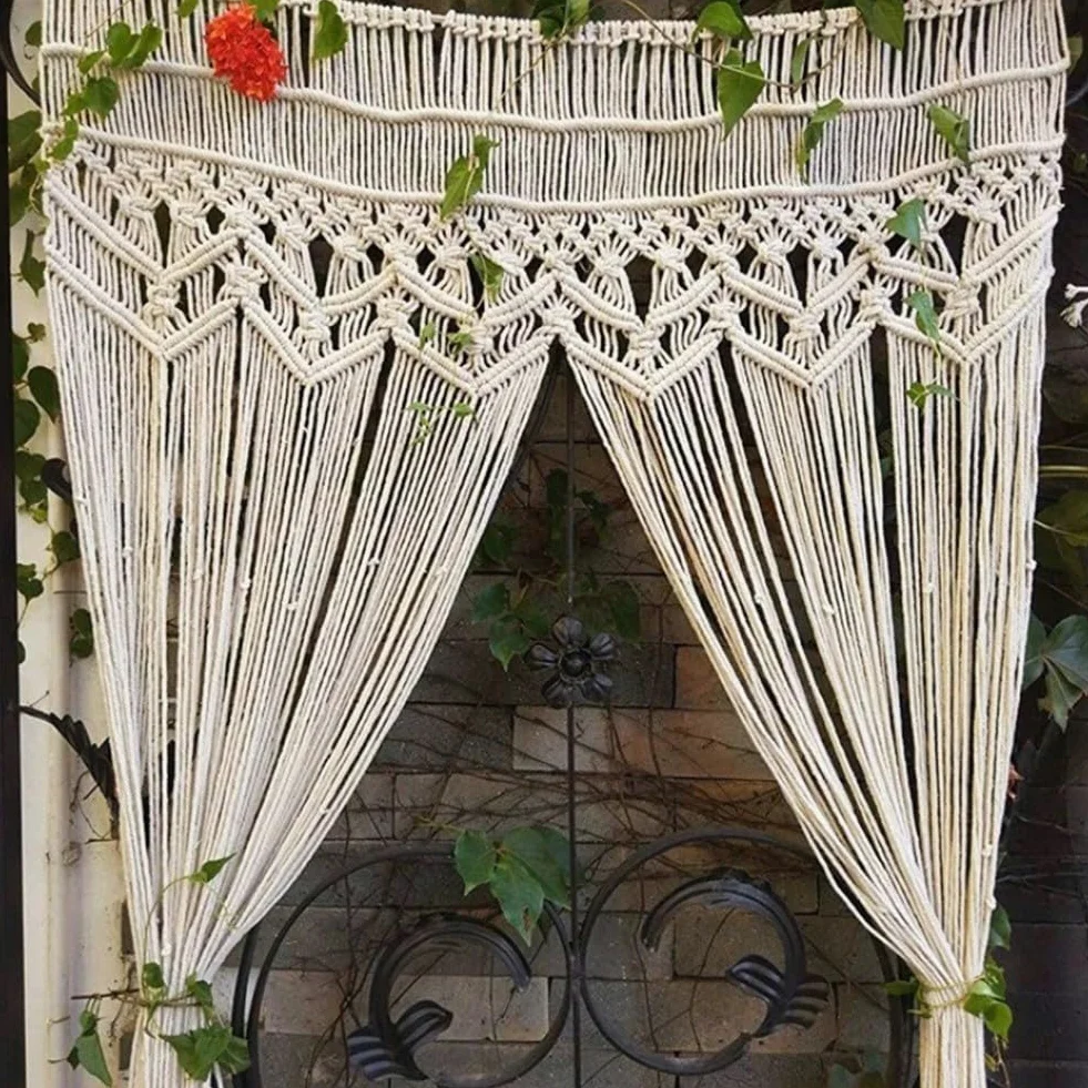 Rideau de porte bohème macramé en corde de coton à suspendre au mur Beige pour fenêtre Arche Toile de fond (150 x 180 cm)