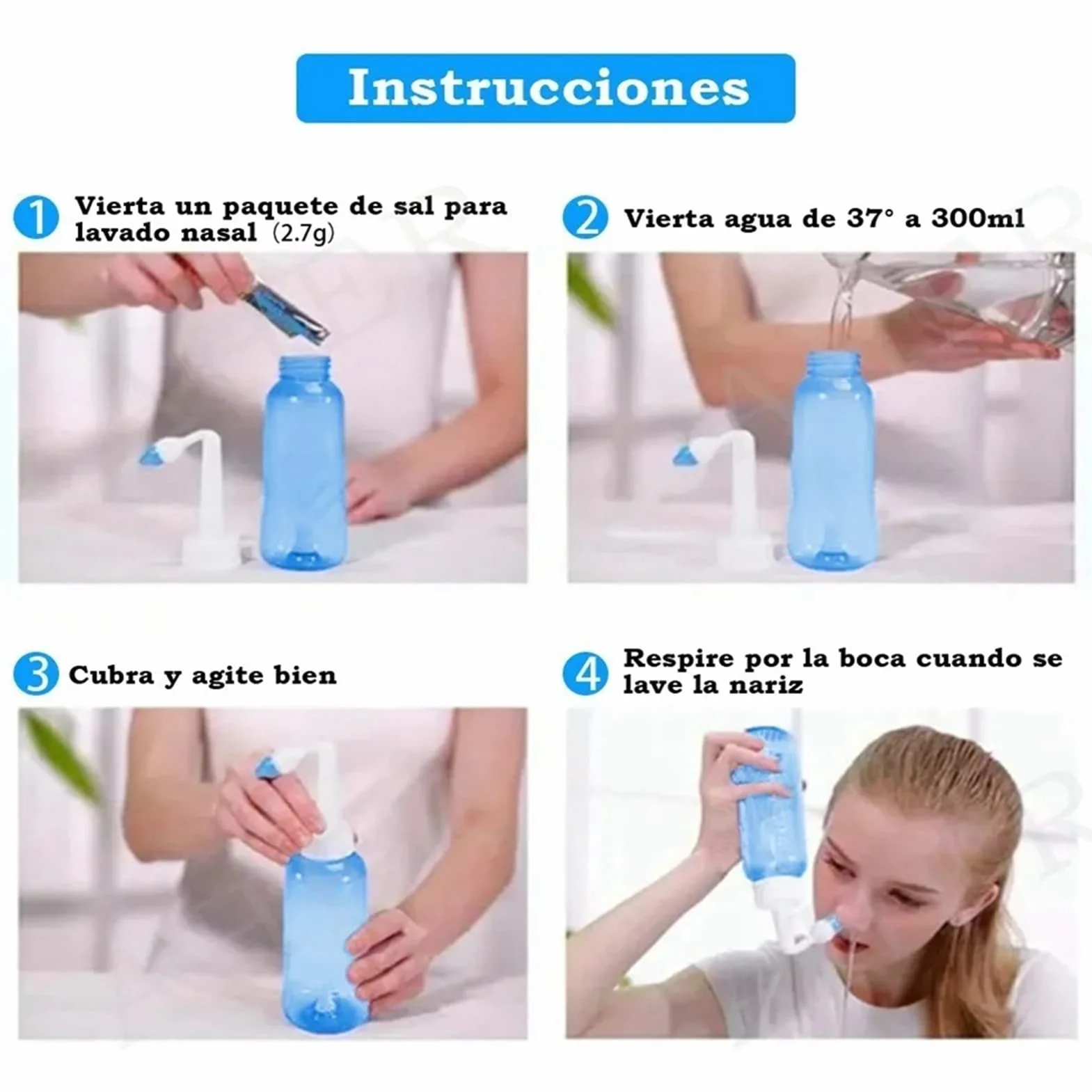 Kit de Rinçage Nasal Neti Pot 300 ml Qualité Alimentaire pour Enfants Adultes